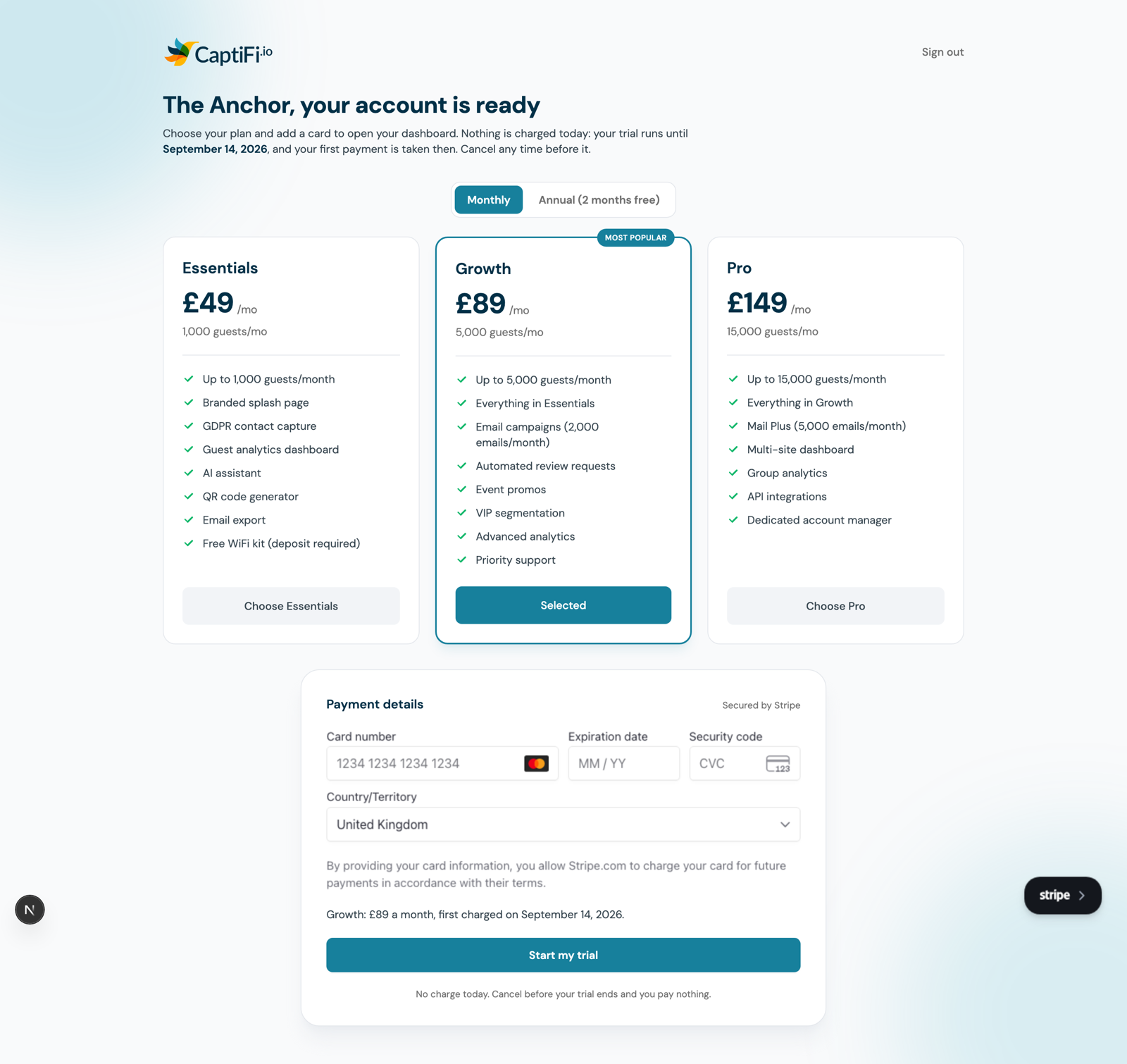 Complete your setup: choose a plan, then enter card details