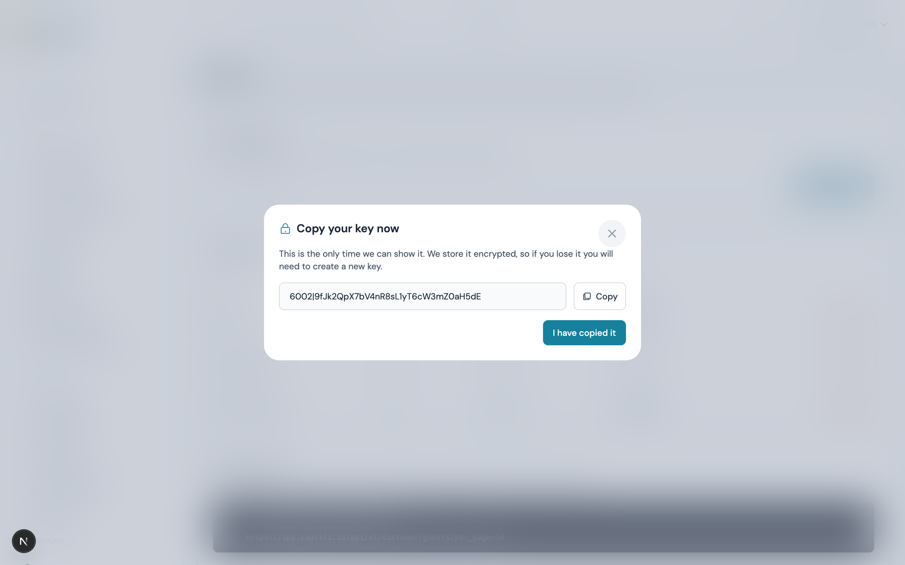 The one-time key reveal, with a copy button and a warning that the key cannot be shown again