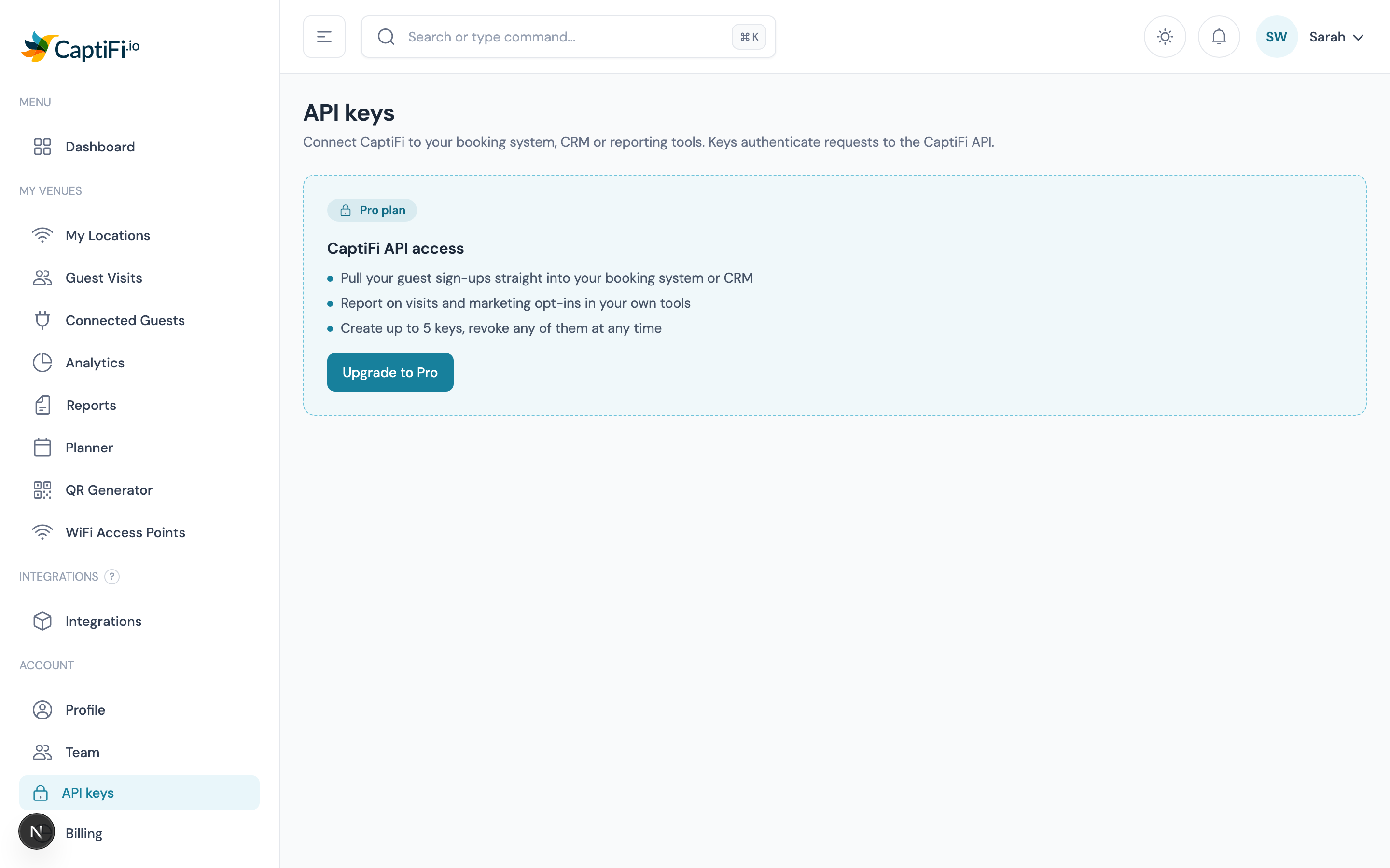 The API Keys page on a plan without API access, showing what it does and an Upgrade to Pro button