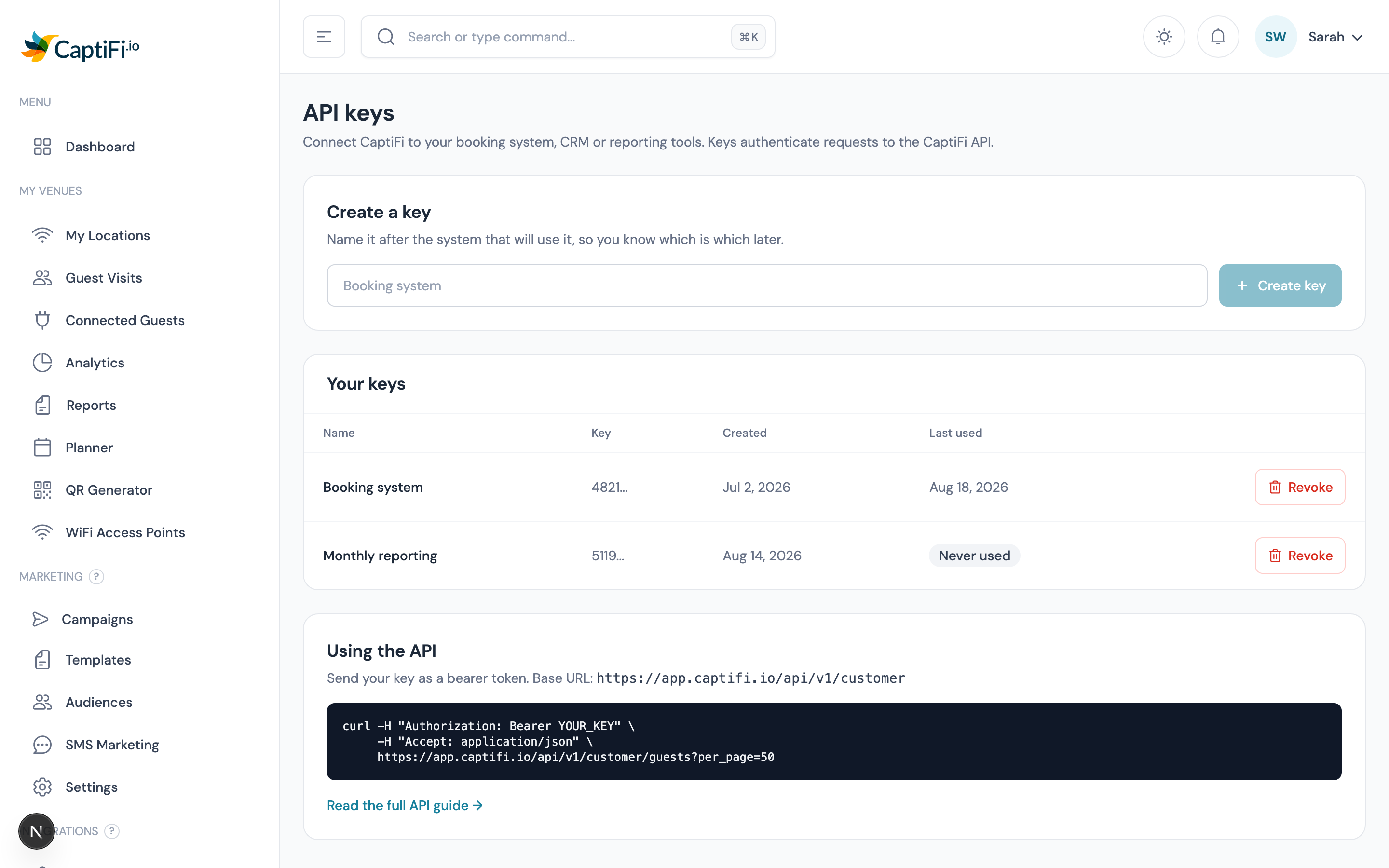 The API Keys page with the create form, the list of existing keys and the usage example