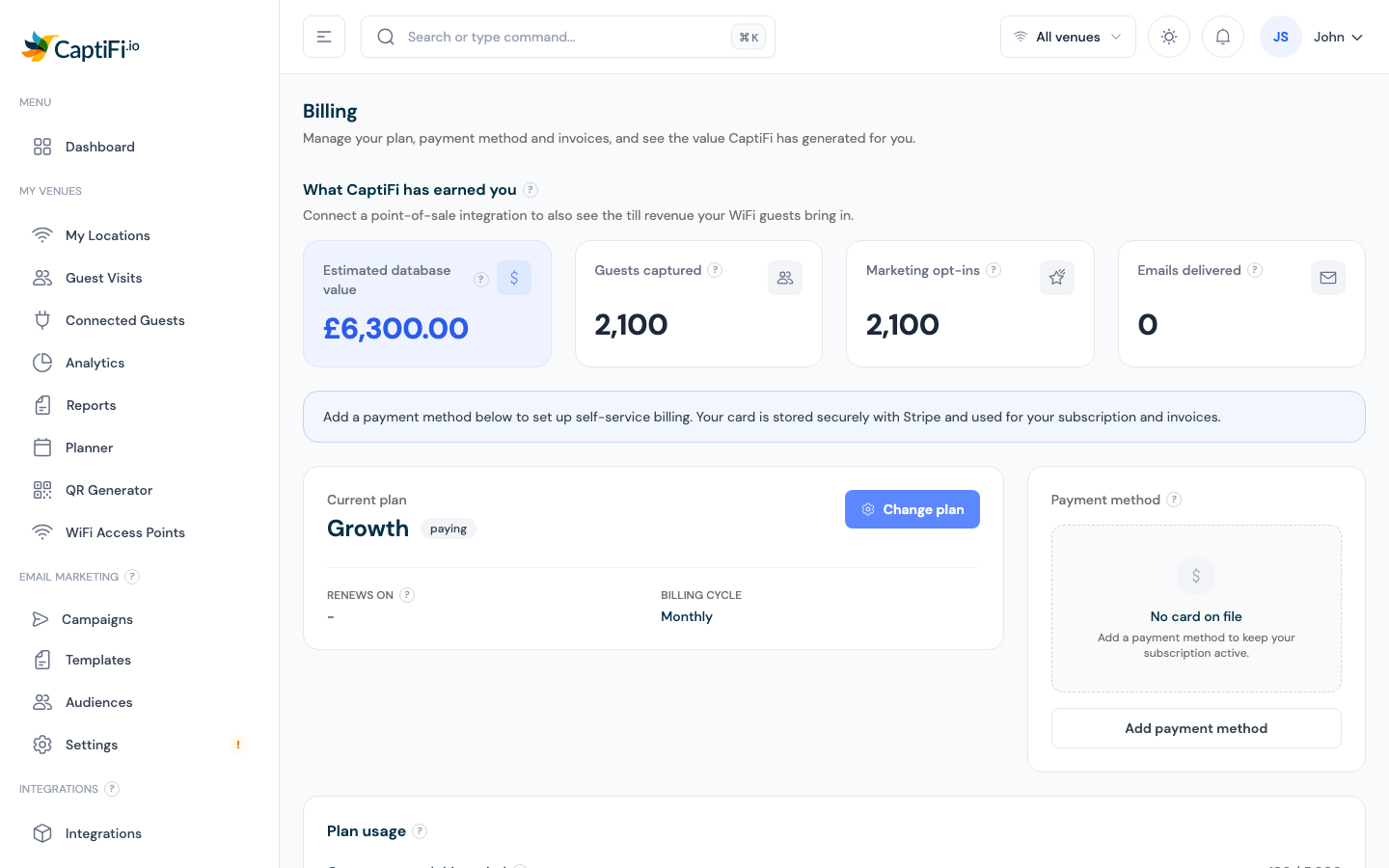 The Billing page showing plan, payment method, and value metrics