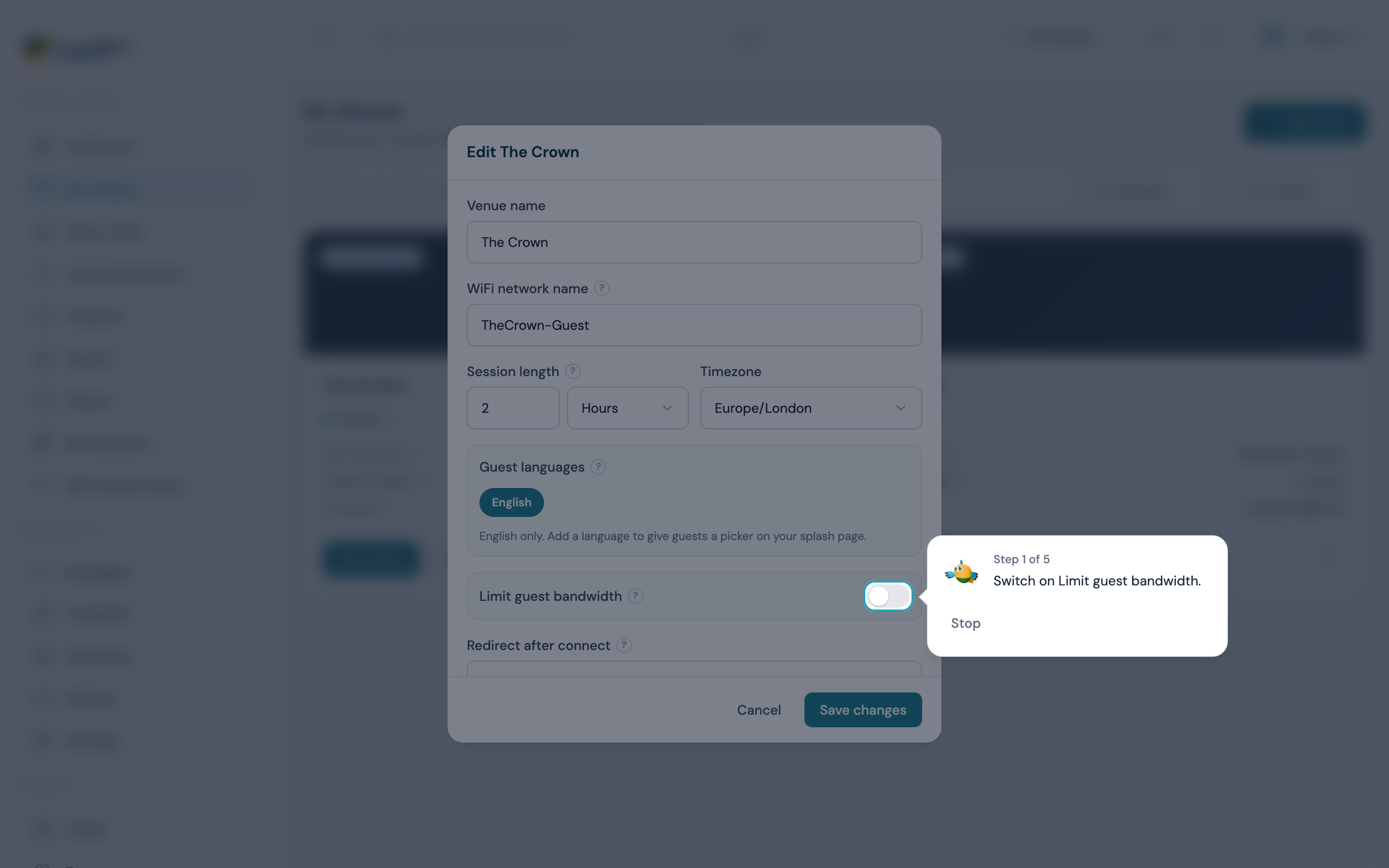 A walkthrough highlighting the Limit guest bandwidth switch in Edit venue, with the card saying Step 1 of 5