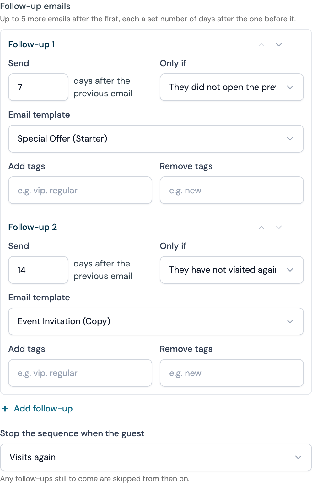 The Follow-up emails section of the automation form with two follow-ups, the first sent 7 days later only if the guest did not open the previous email and the second 14 days after that only if they have not visited again, the Add follow-up button and the Stop the sequence when the guest select set to Visits again