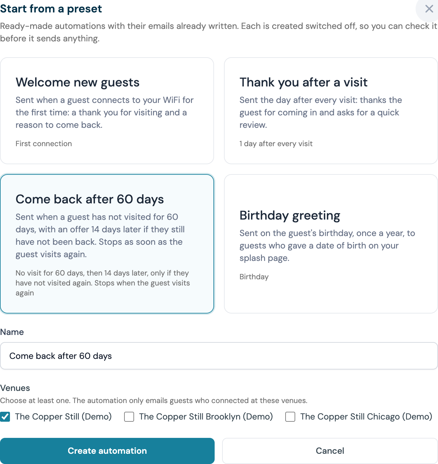 The Start from a preset window with the Welcome new guests, Thank you after a visit, Come back after 60 days and Birthday greeting cards, the Come back after 60 days card selected, the Name field filled with its name, the venue list with The Copper Still ticked and the Create automation button