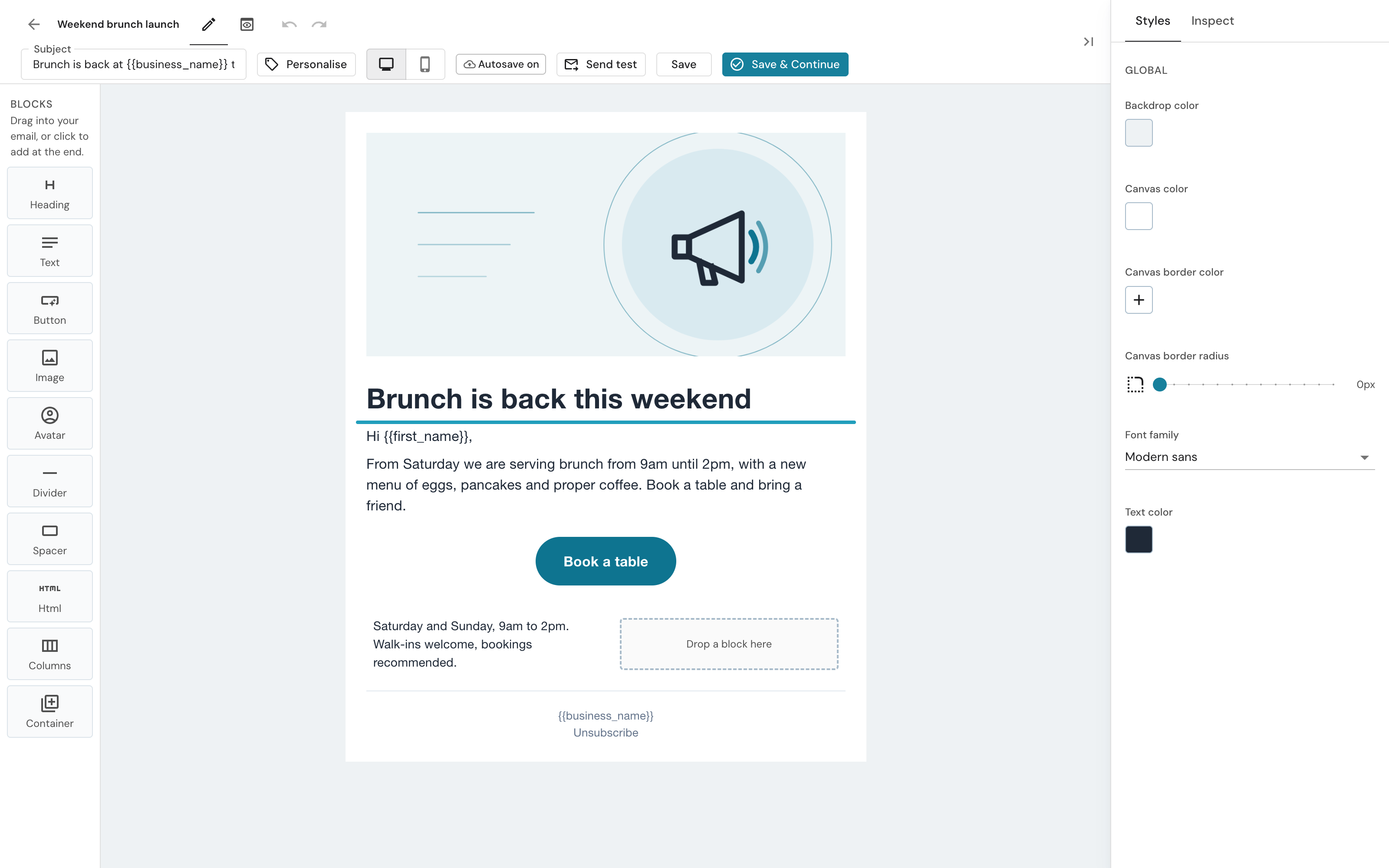Dragging a Button block from the Blocks panel into the email, with the blue drop line between two blocks