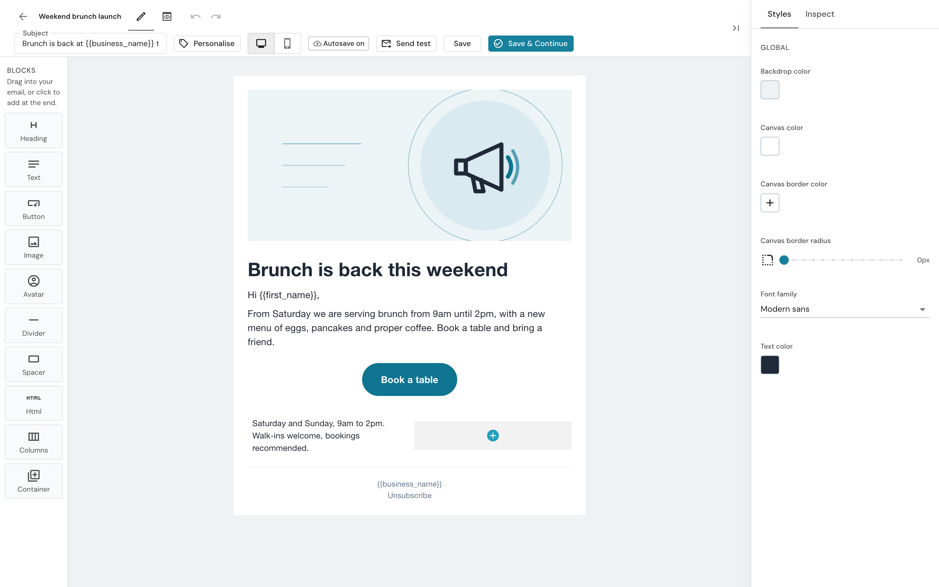 The email builder with the Blocks panel on the left, the email in the middle and the Styles panel on the right