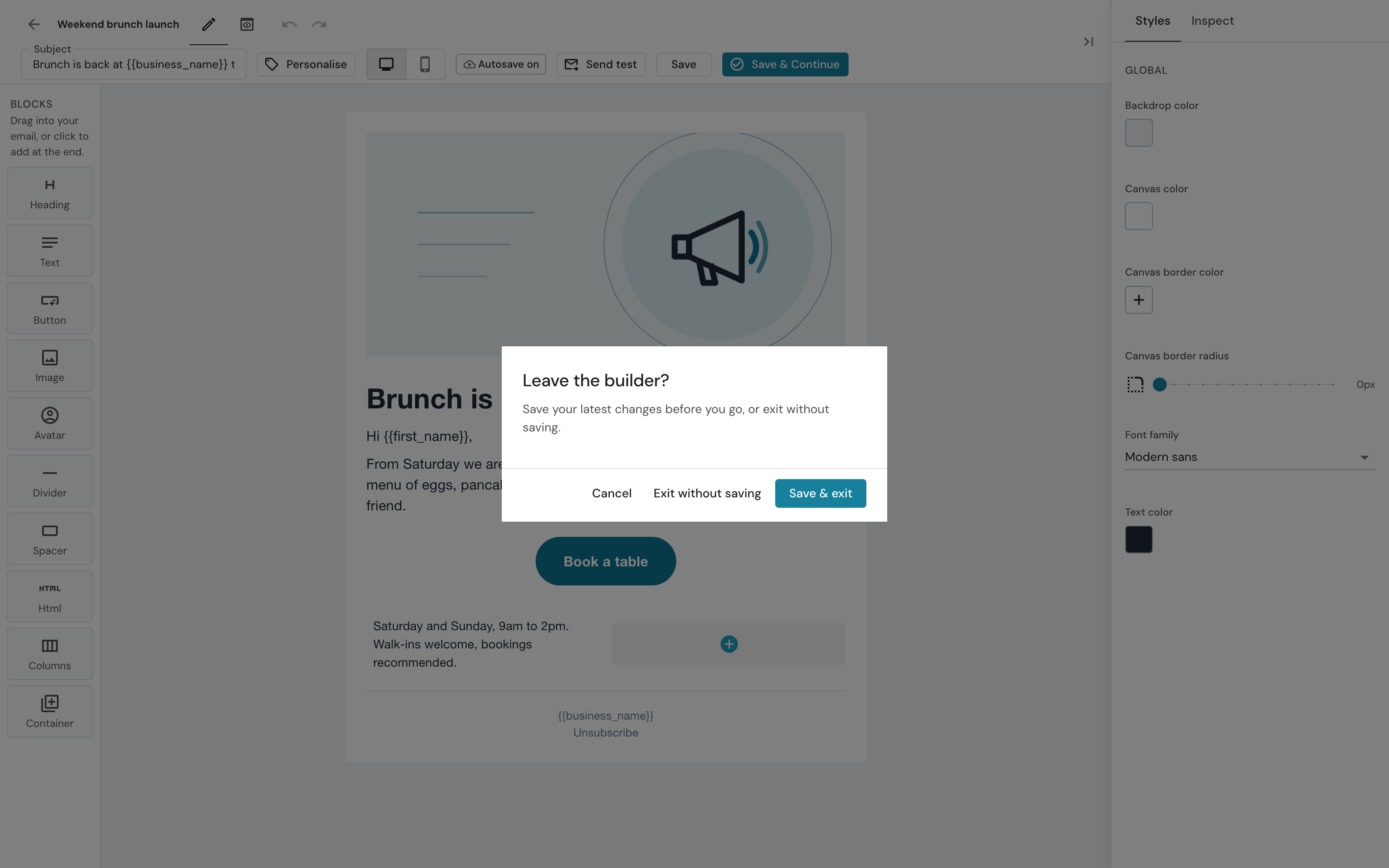 The Leave the builder dialog offering Save and exit or Exit without saving