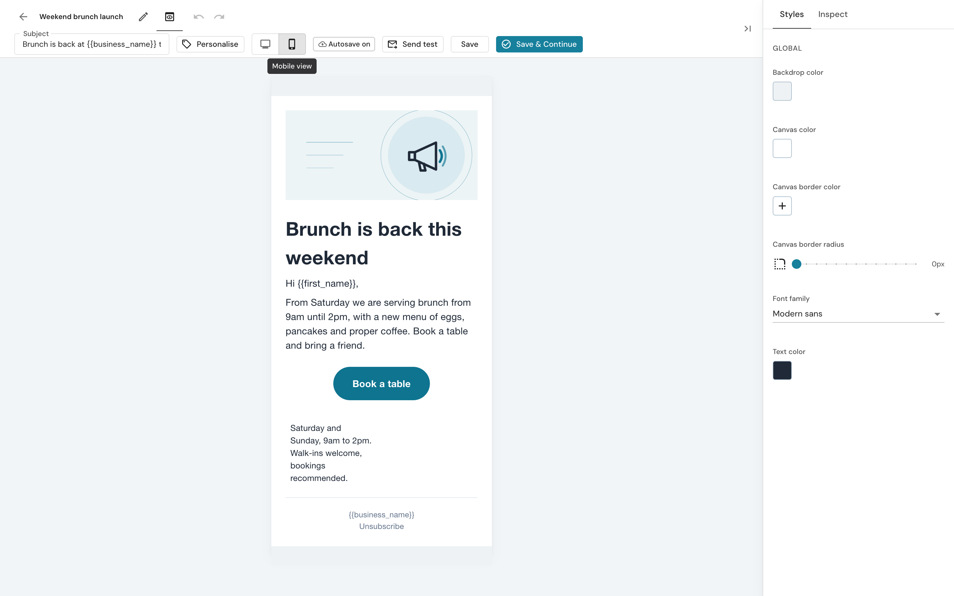 The builder in Preview mode at phone width