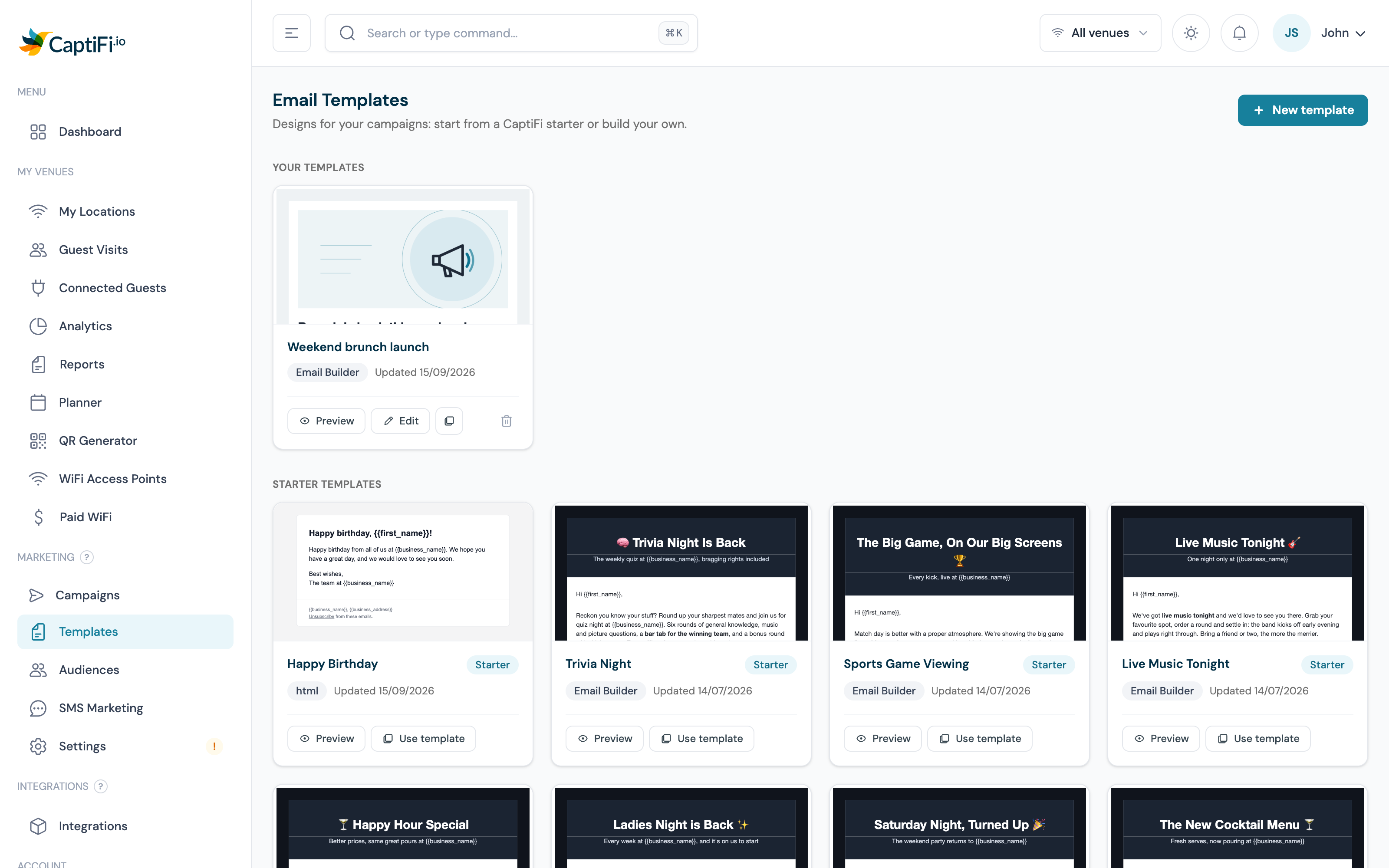 The Templates page on my.captifi.io showing a template card with its Edit button