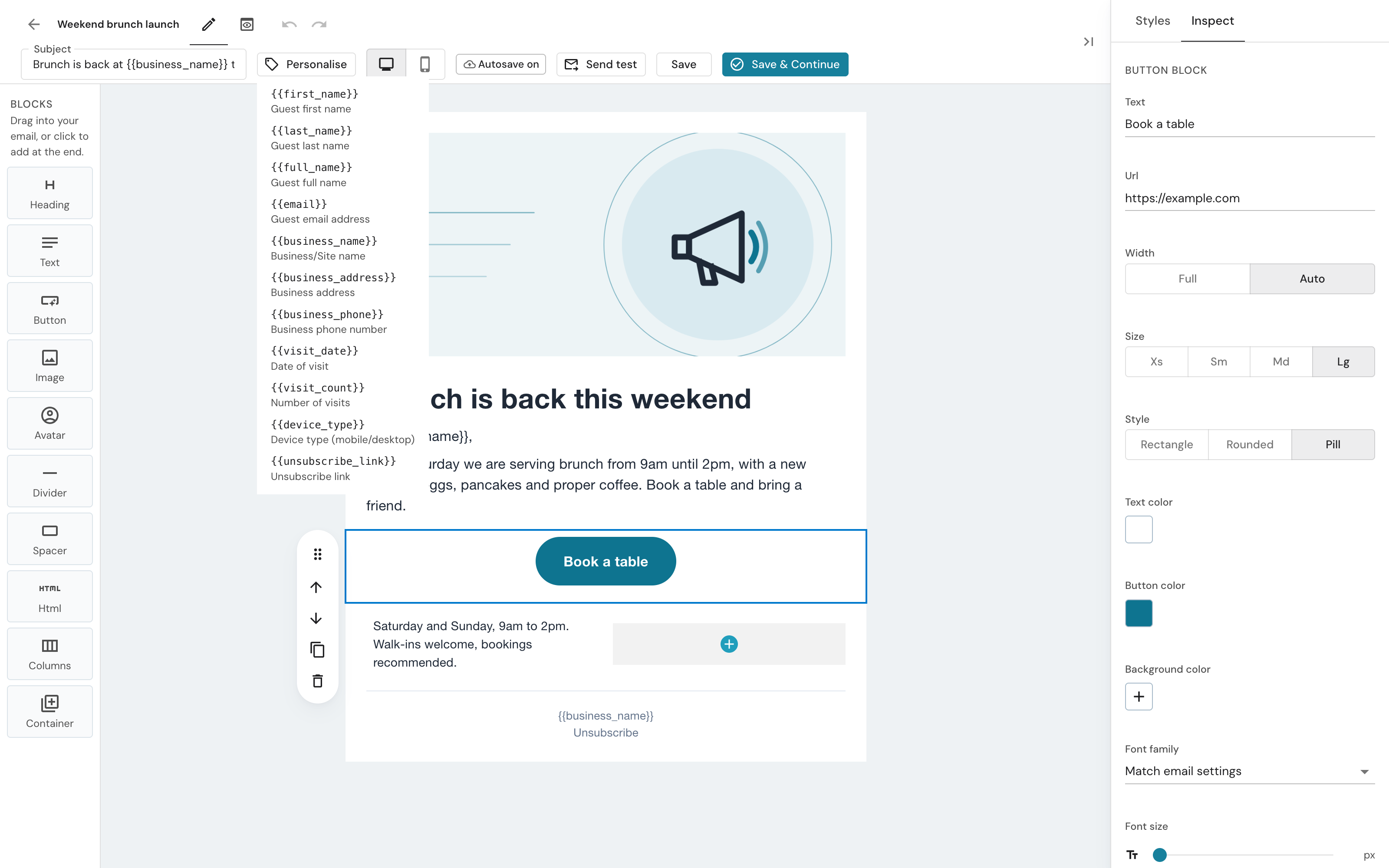 The Personalise menu open in the builder top bar, listing merge tags with a description of each