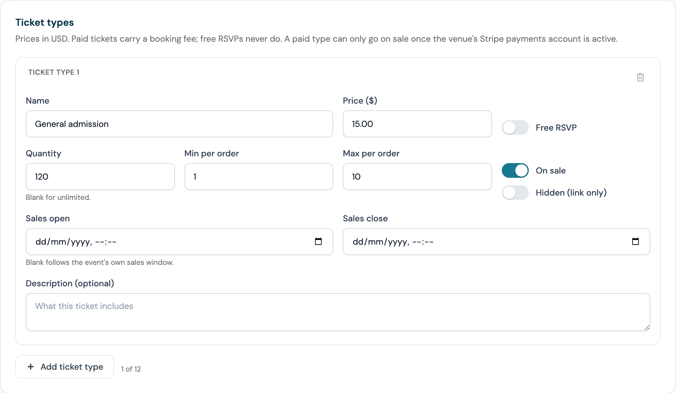 The Add ticket type form with a price of 15.00 and the booking fee preview line under it