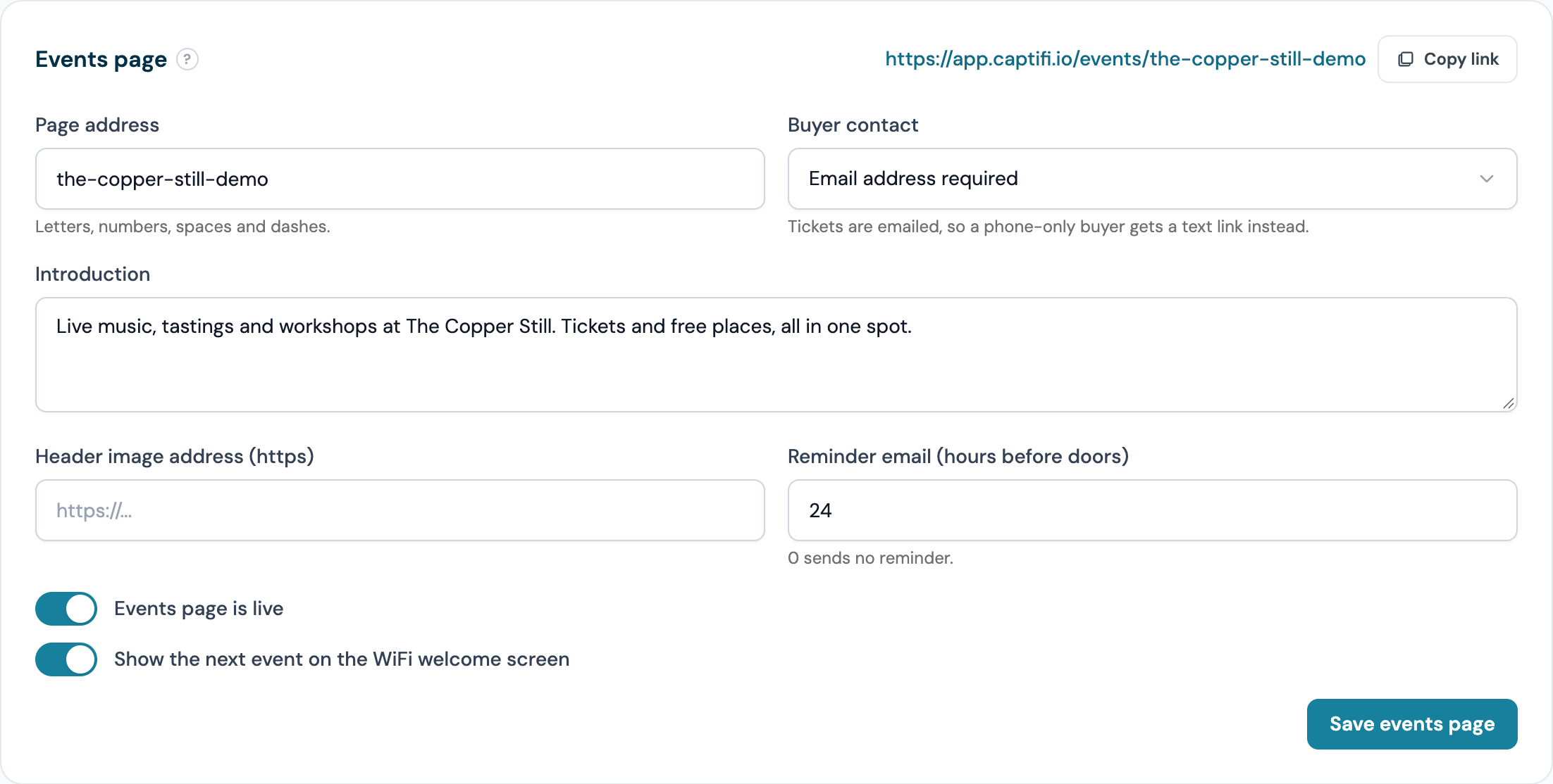 The Events settings page with Reminder email (hours before doors) set to 24