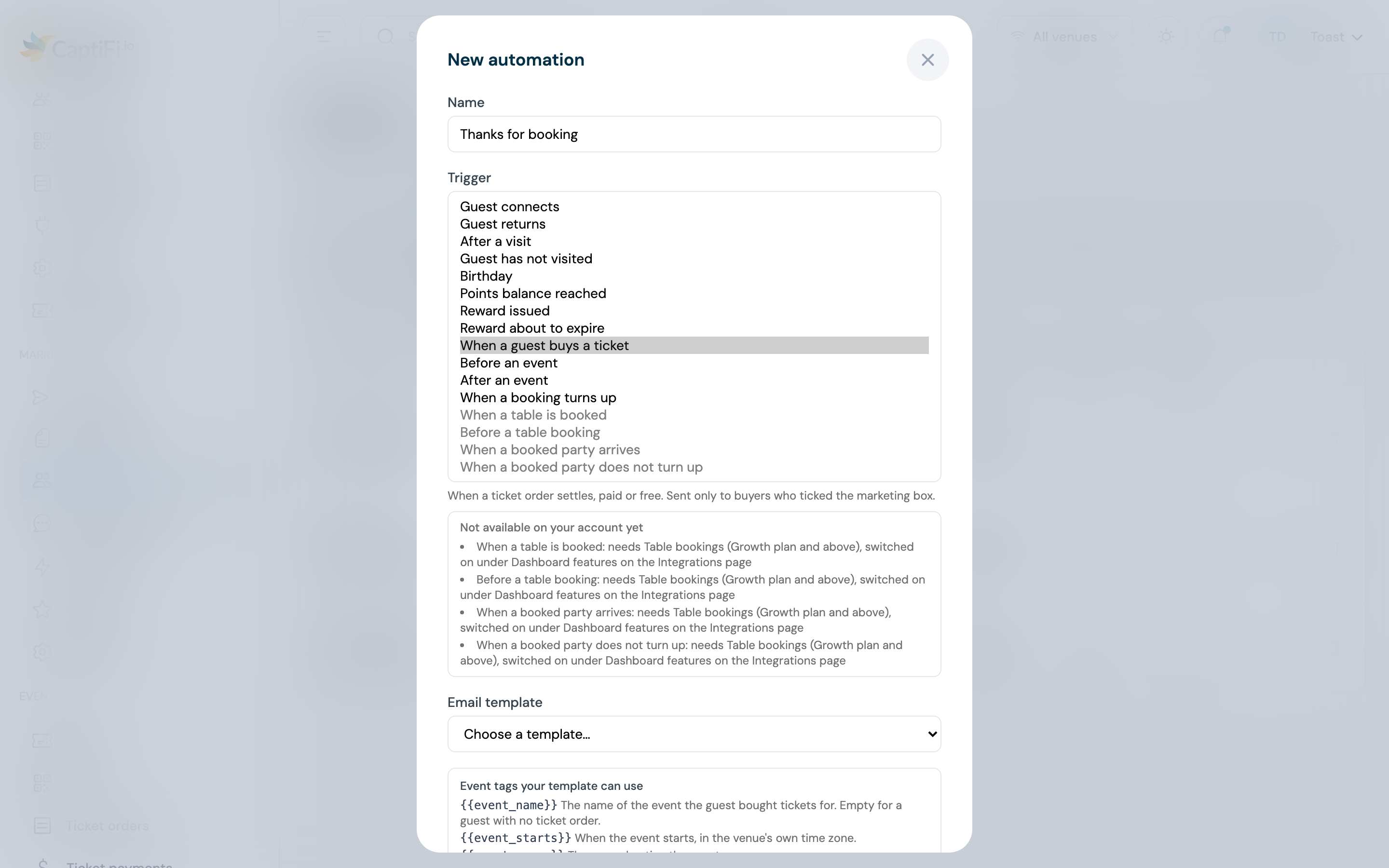 The New automation form on my.captifi.io with the four event triggers listed after the Rewards triggers