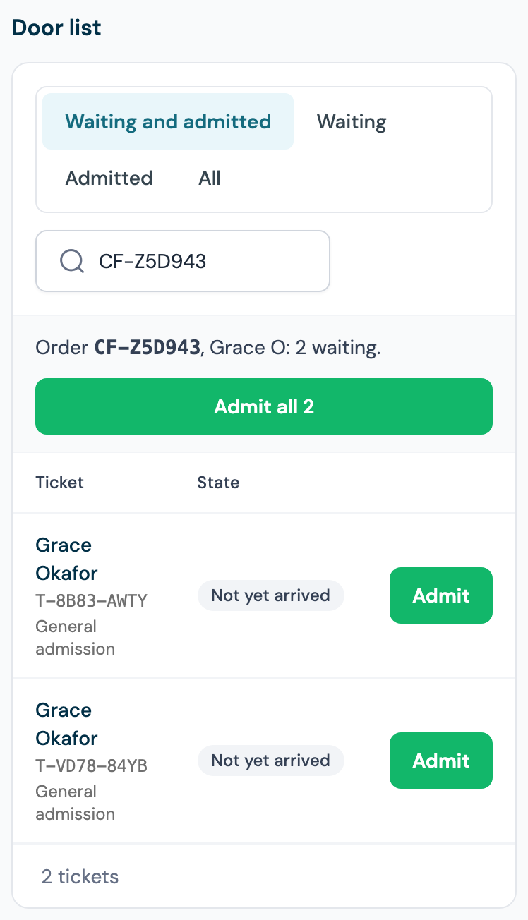 The door list showing a two-ticket order with Admit on each ticket and Admit all beside it