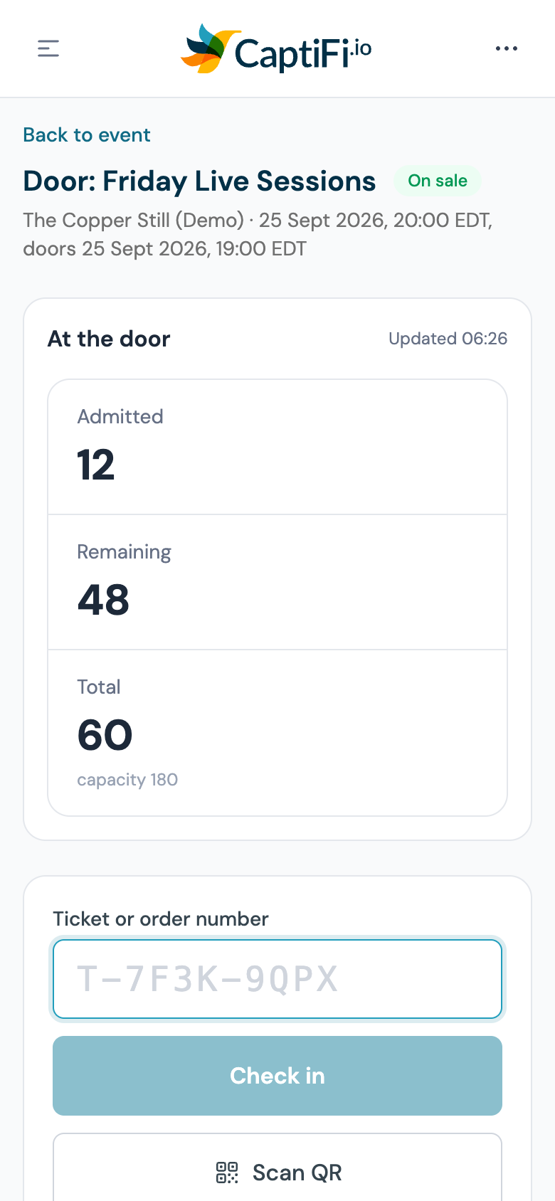 The Door page for an event on my.captifi.io on a phone, with the Admitted, Remaining and Total counts, the ticket number box, the Check in button and the Scan QR button