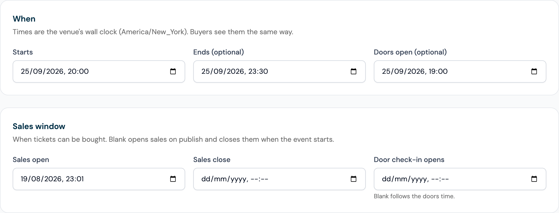 The event editor with the When and Sales sections filled in