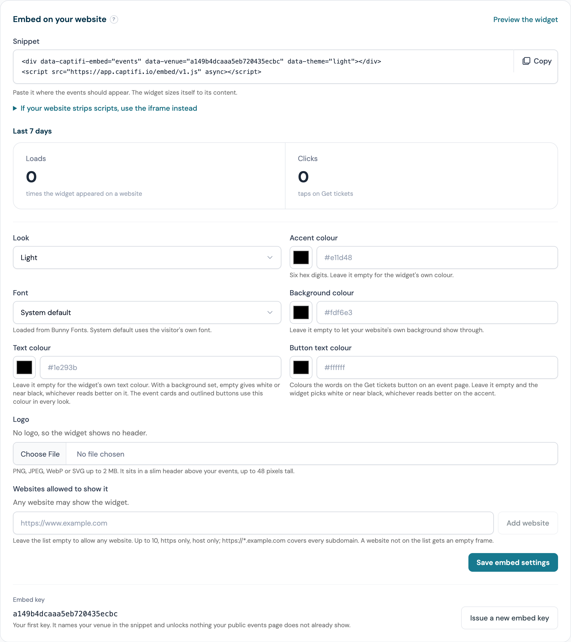 The Embed on your website card on my.captifi.io showing the snippet with its Copy button, the Loads and Clicks tiles, the look and accent fields, the allowed websites and the embed key