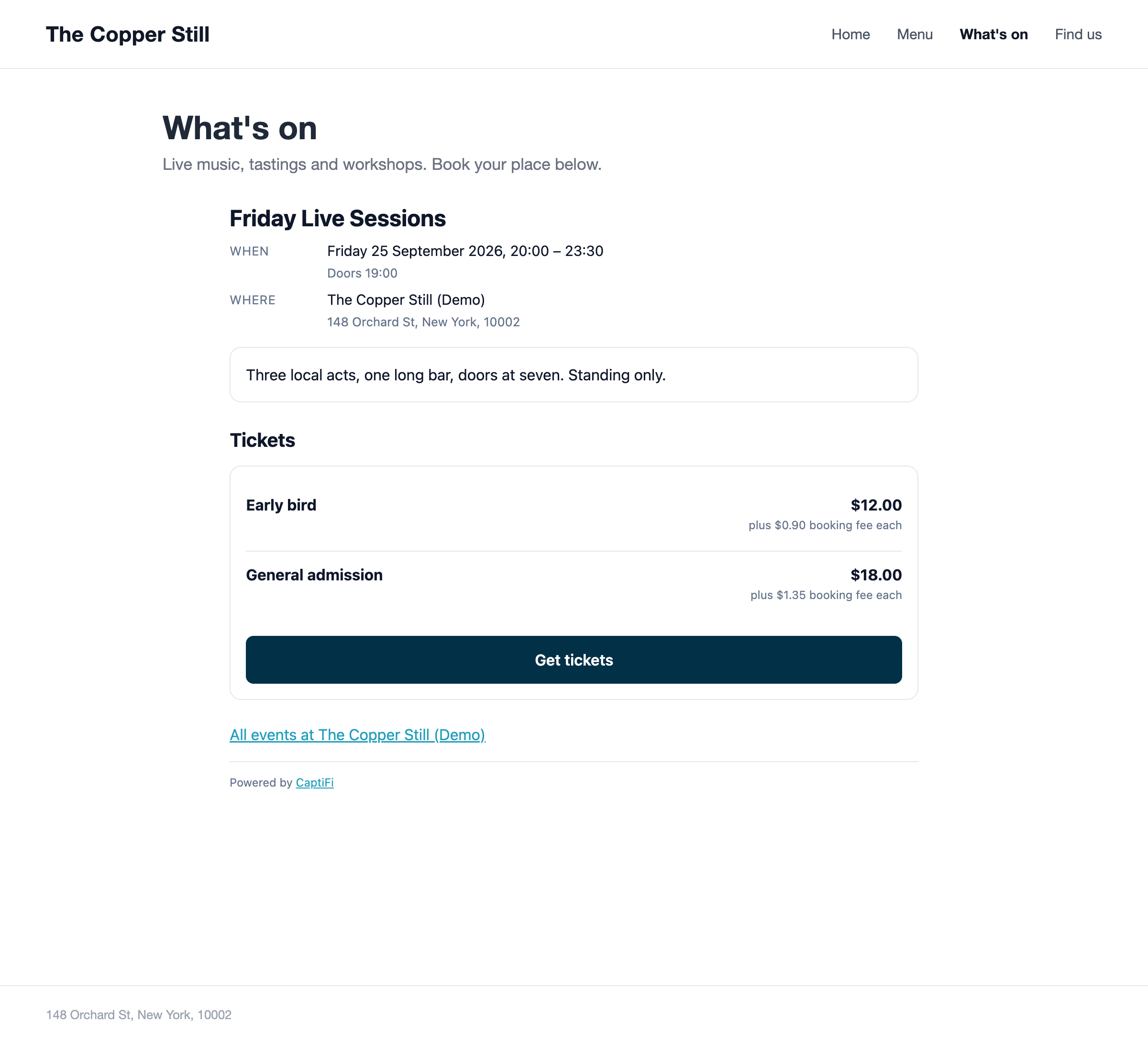 One event open inside the widget, showing when and where, two ticket types with prices and the Get tickets button