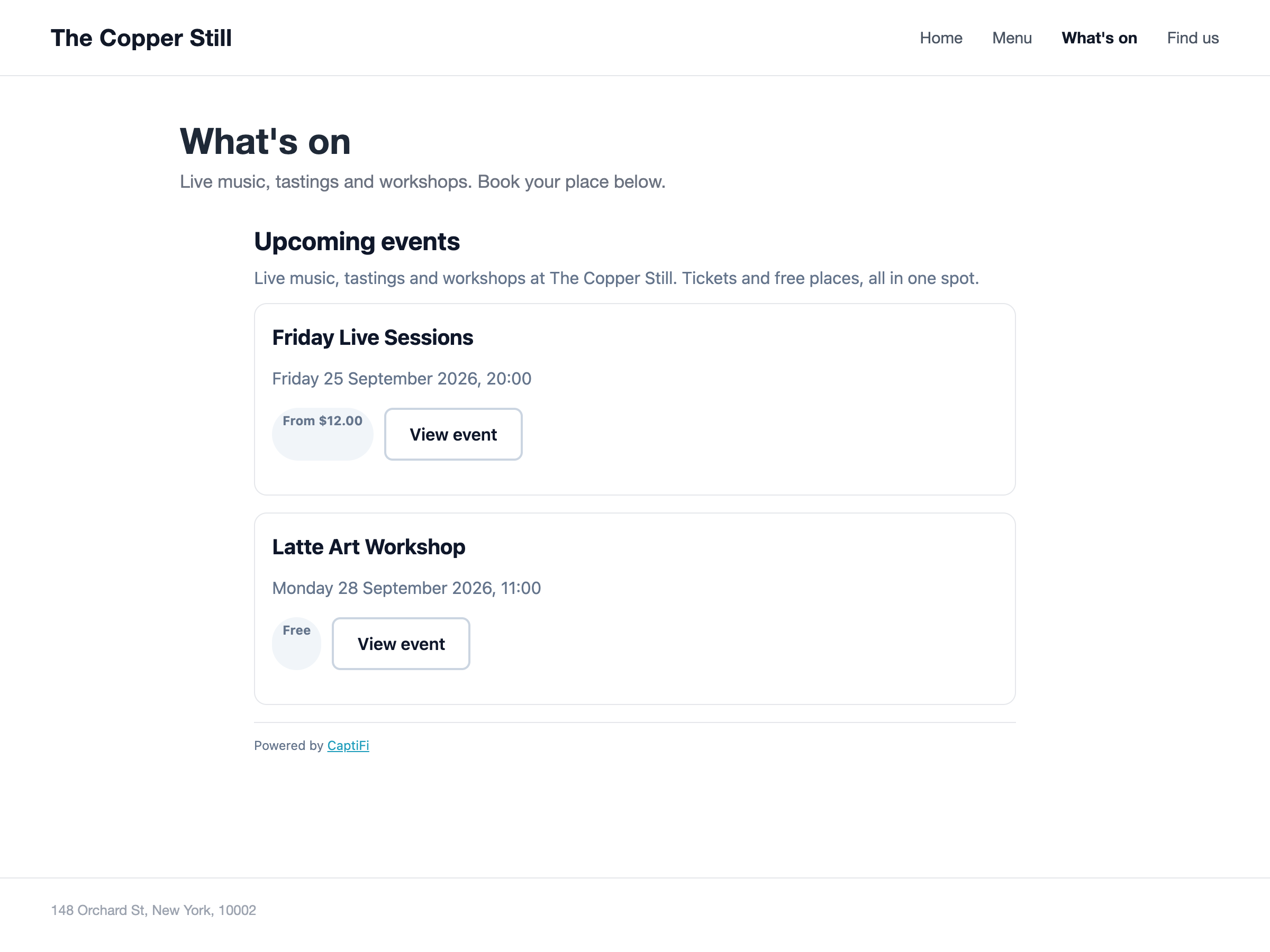 The events widget on a website page listing two upcoming events with their dates, a From price or Free badge and View event buttons