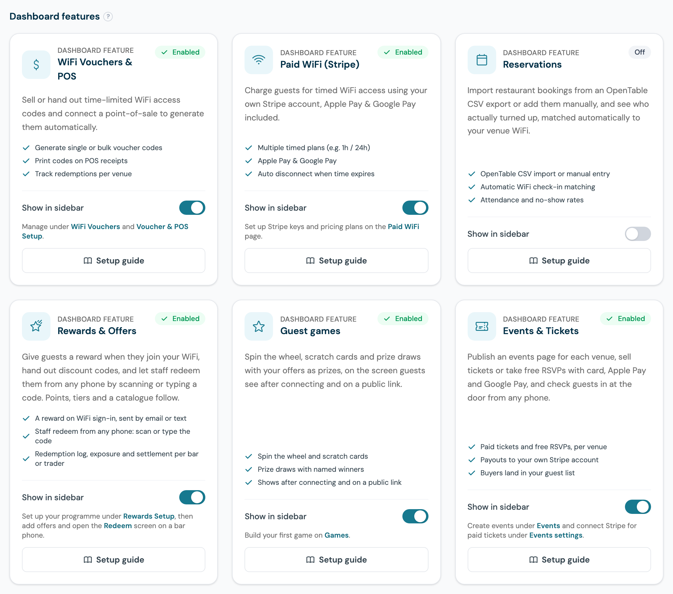 The Integrations page with the Events and tickets card switched on