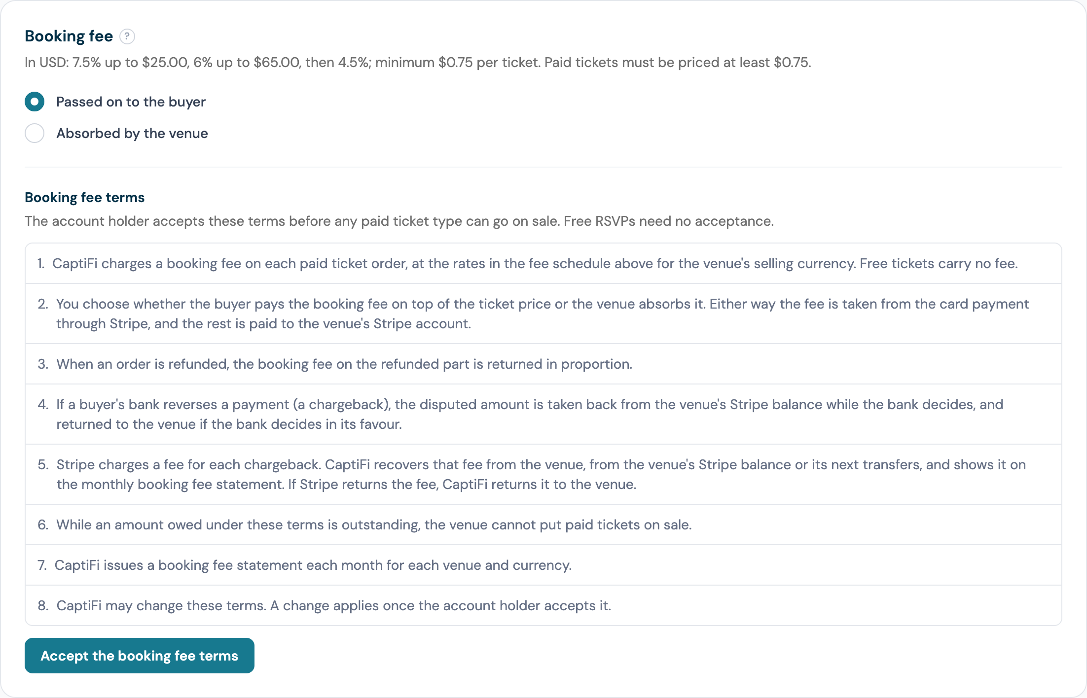 The booking fee schedule in six currencies with the Accept the booking fee terms button