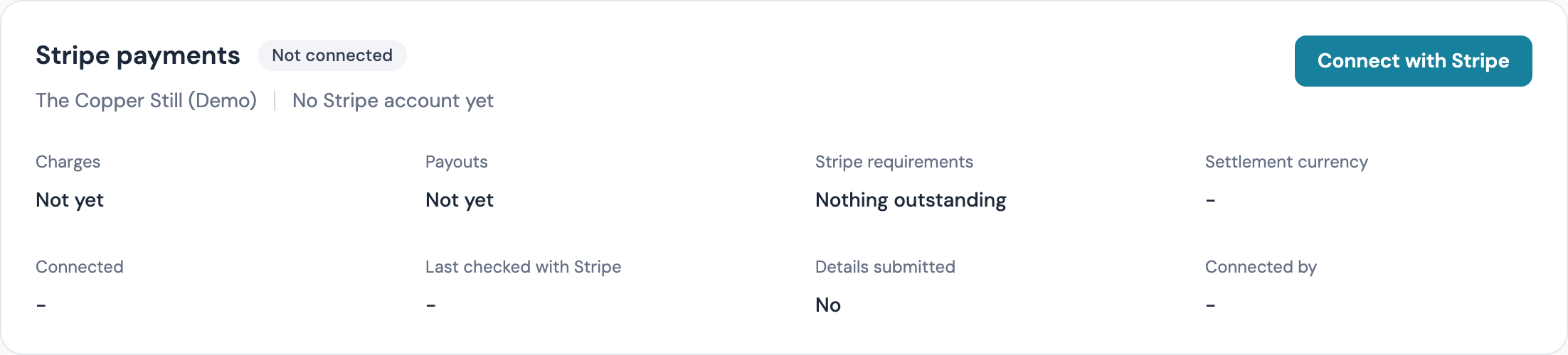 The Stripe payments card for a venue showing Not connected and the Connect with Stripe button