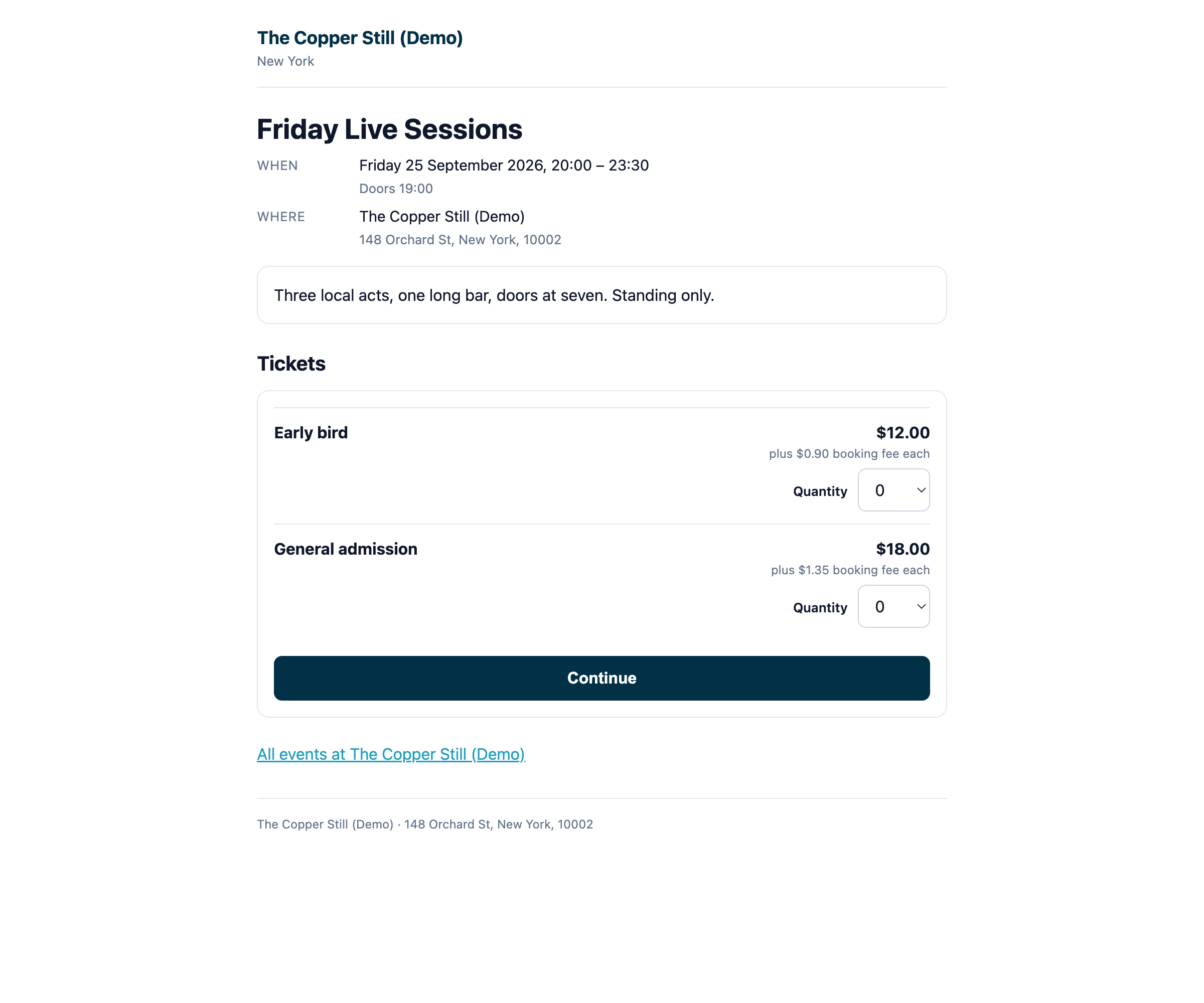 A public event page with the date, venue, description and two ticket types with quantity pickers