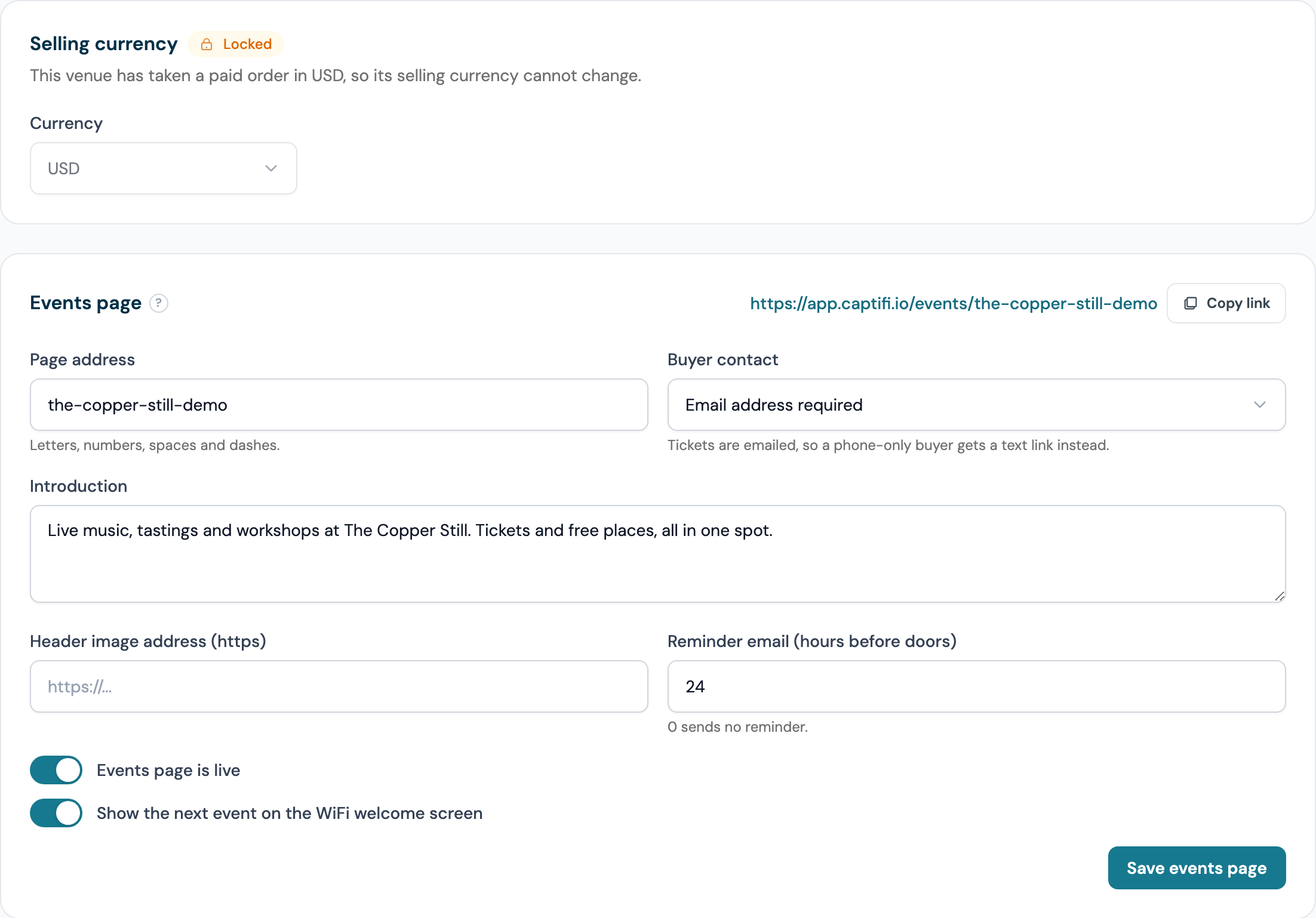 The Events settings page showing the page address, introduction, what buyers must give, the booking fee mode and the selling currency