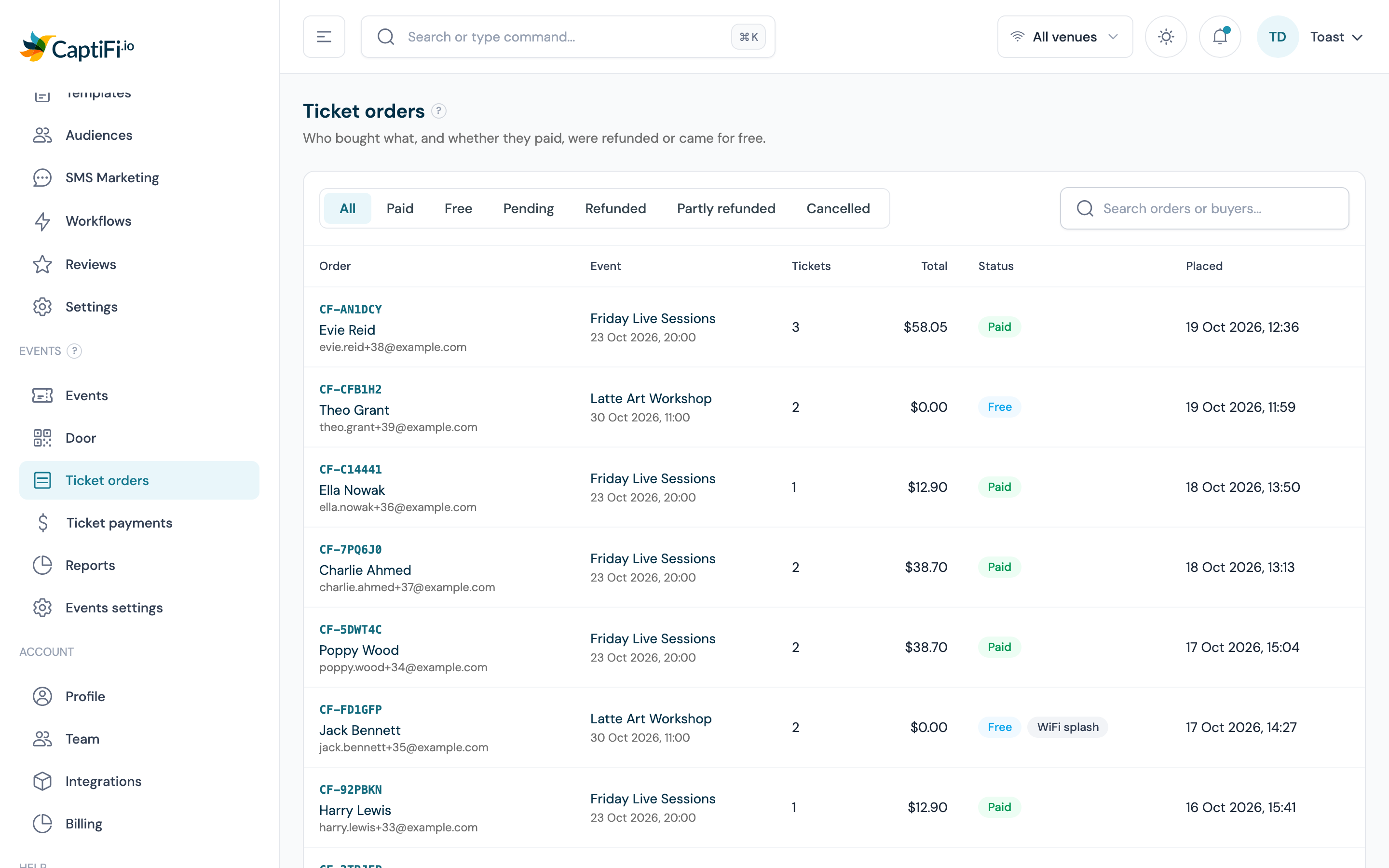 The Ticket orders page listing paid and free orders with their status and totals