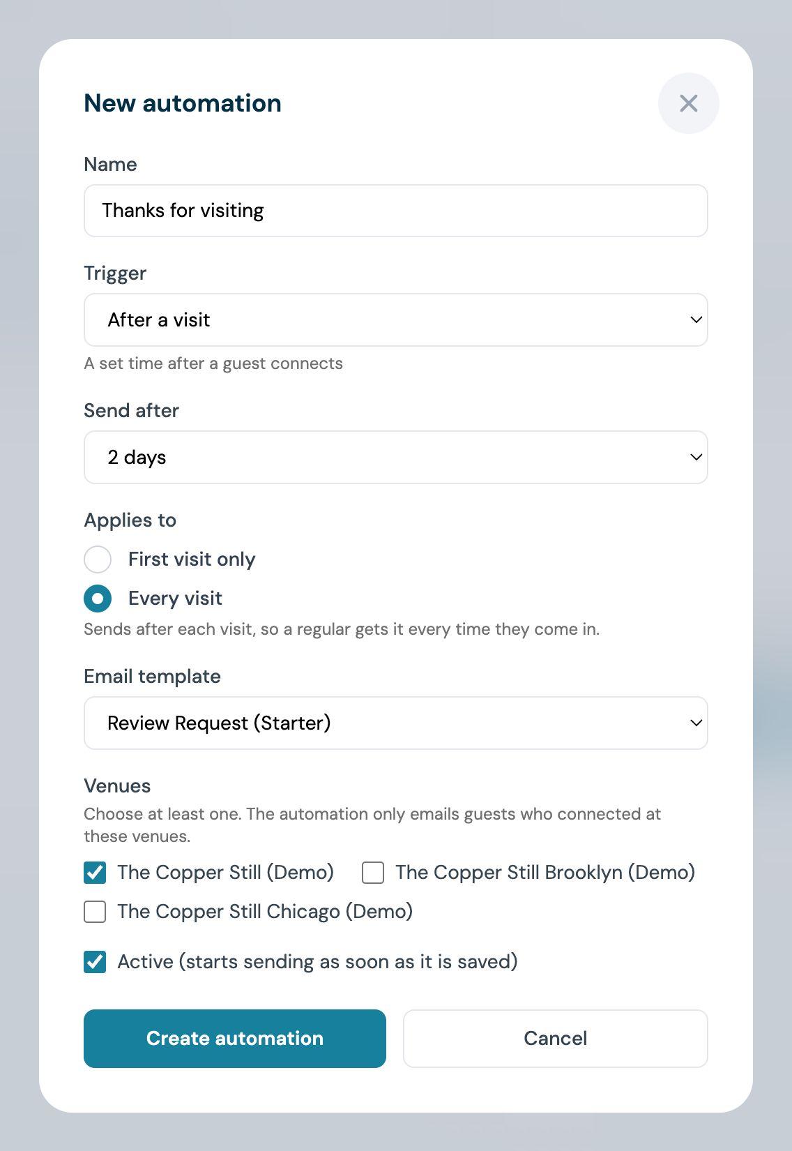 The New automation form with the trigger set to After a visit, Send after set to 2 days, Applies to set to Every visit, the Review Request (Starter) template chosen and The Copper Still venue ticked