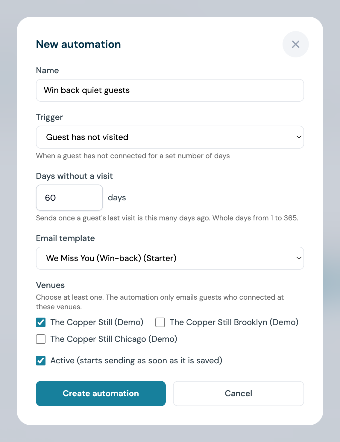 The New automation form with the trigger set to Guest has not visited, Days without a visit set to 60, the We Miss You (Win-back) template chosen and one venue ticked