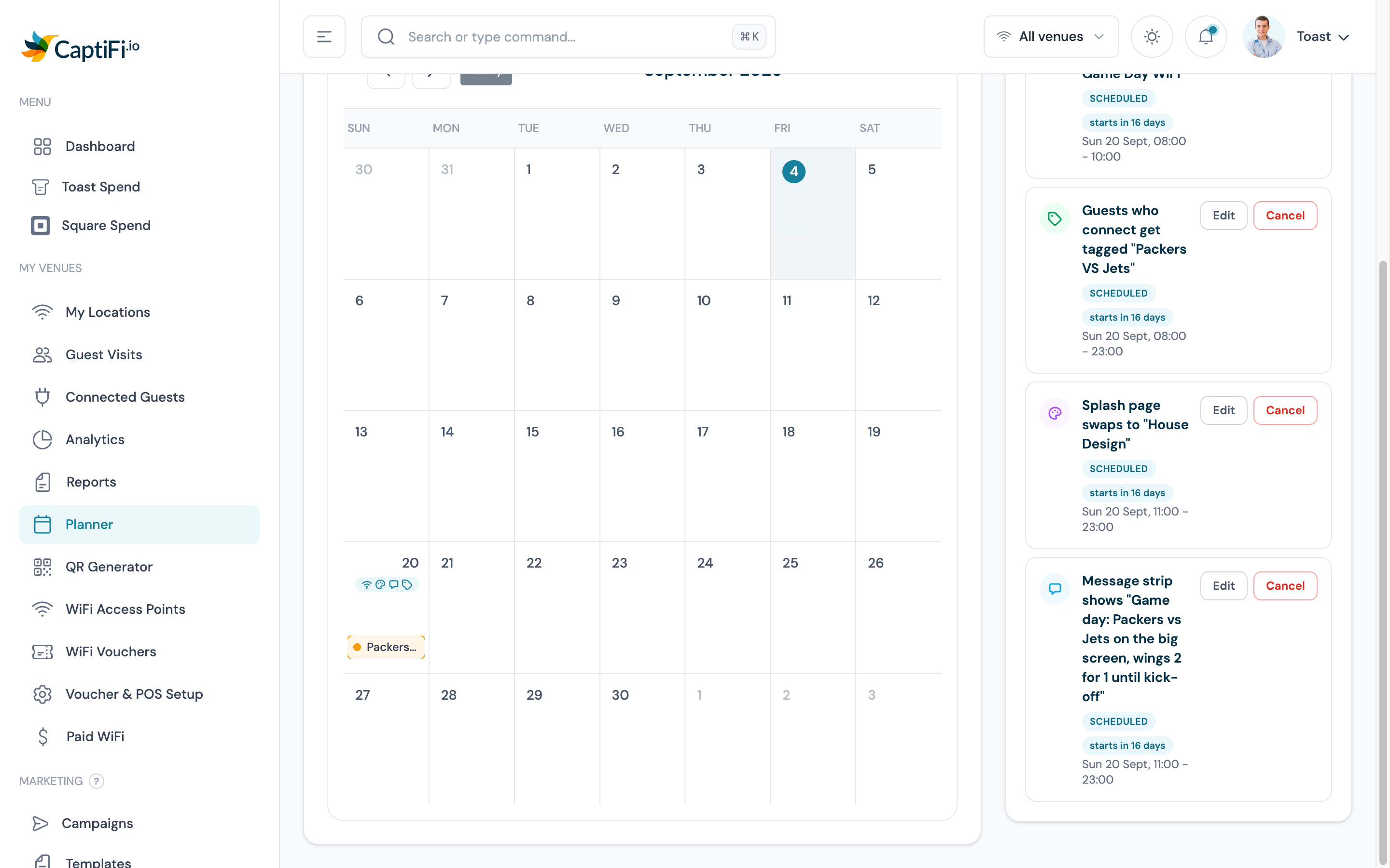 The calendar showing 20 September with four automation badges and the Packers event chip, beside the Scheduled automations card listing all four with countdowns