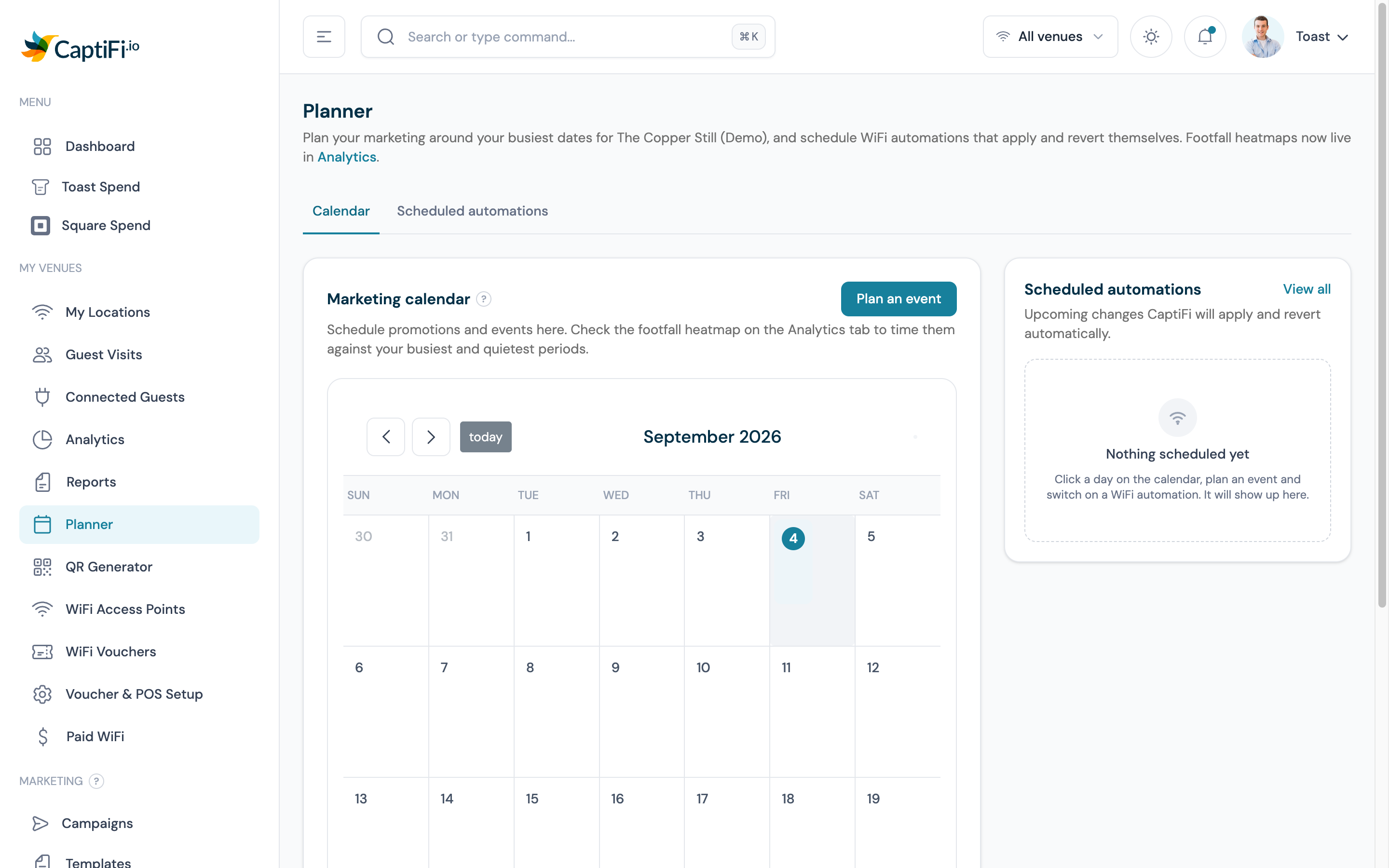 The CaptiFi Planner page showing the marketing calendar, the Plan an event button and the Scheduled automations card