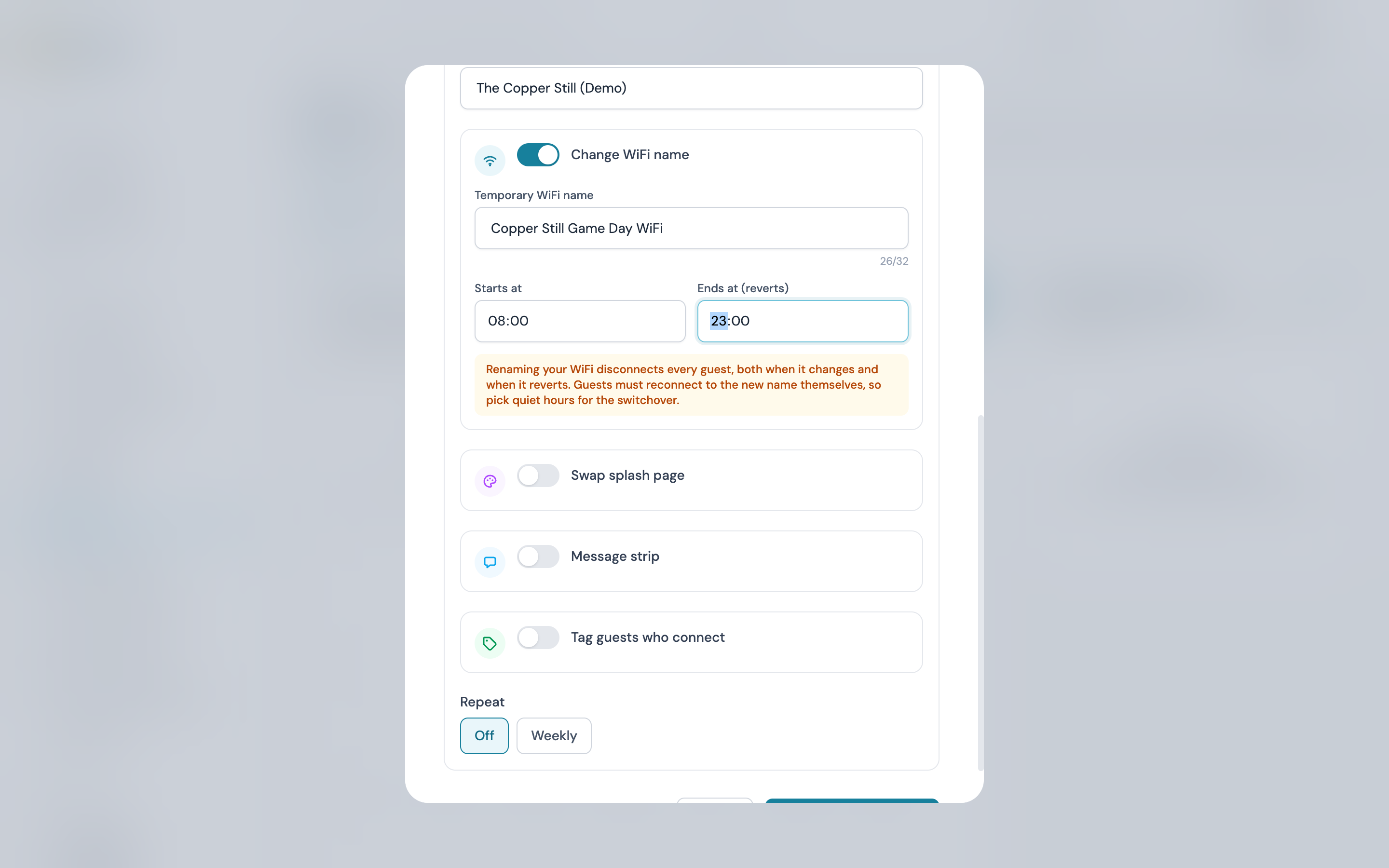 The Change WiFi name automation switched on with a temporary name, a start and end time, and the warning that renaming disconnects every guest