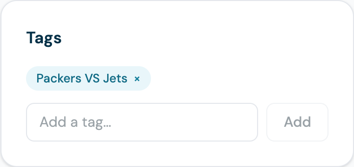 A guest profile showing the Packers VS Jets tag in the Tags card, with a field to add another tag