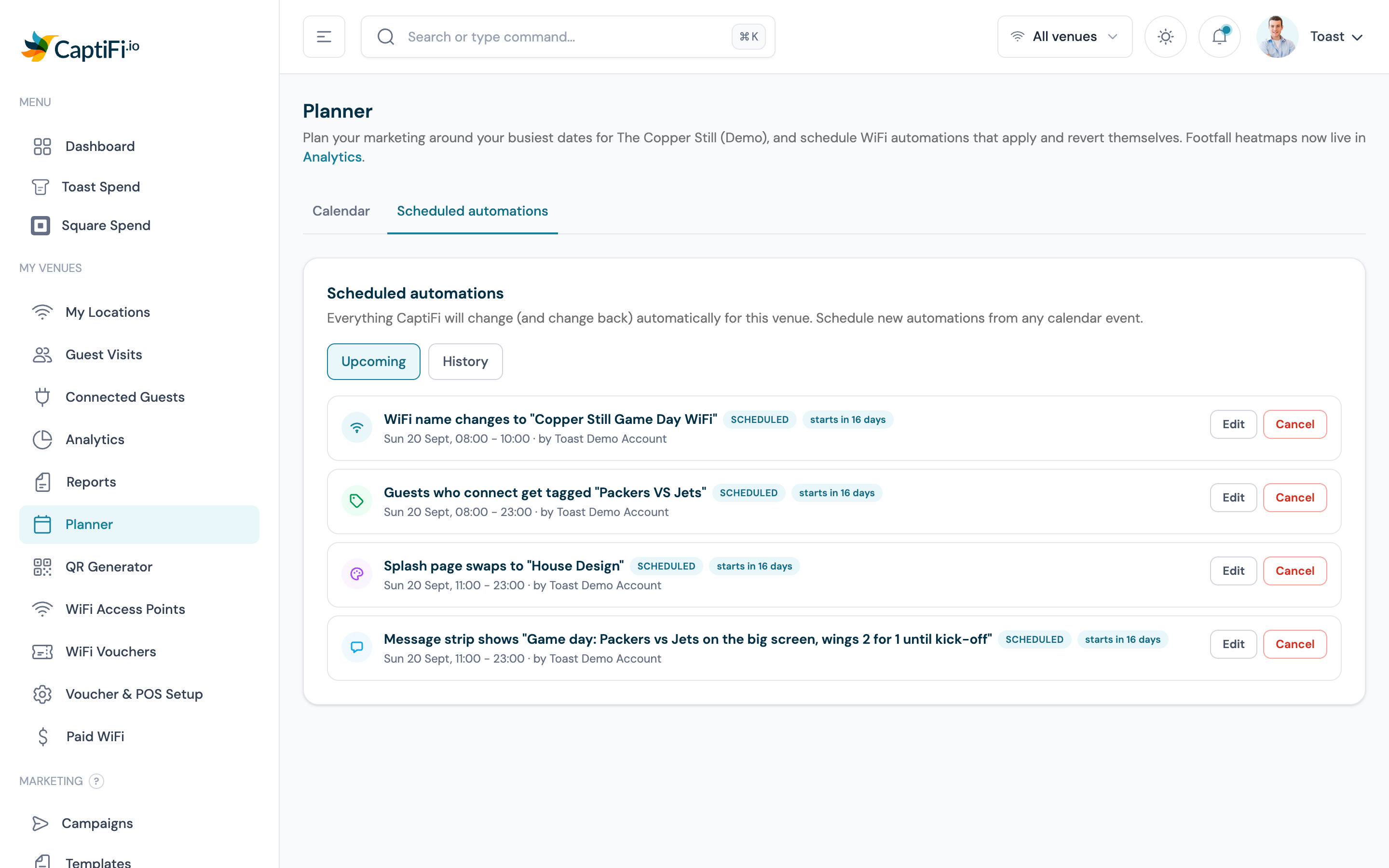 The Scheduled automations Upcoming list showing a WiFi name change, a guest tag, a splash swap and a message strip, each with Edit and Cancel buttons