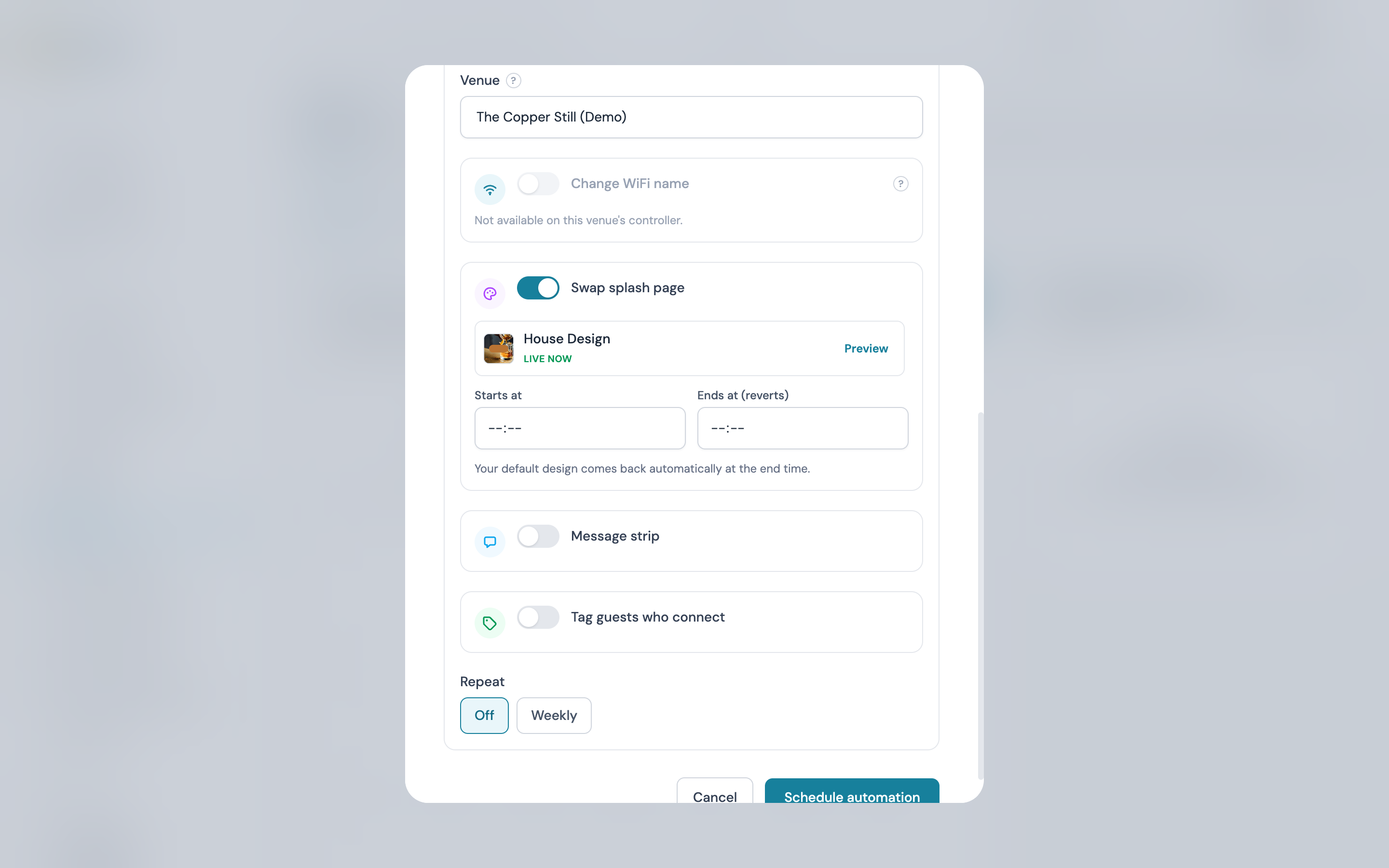 The Swap splash page automation showing the design library picker with a Live now marker and a Preview link