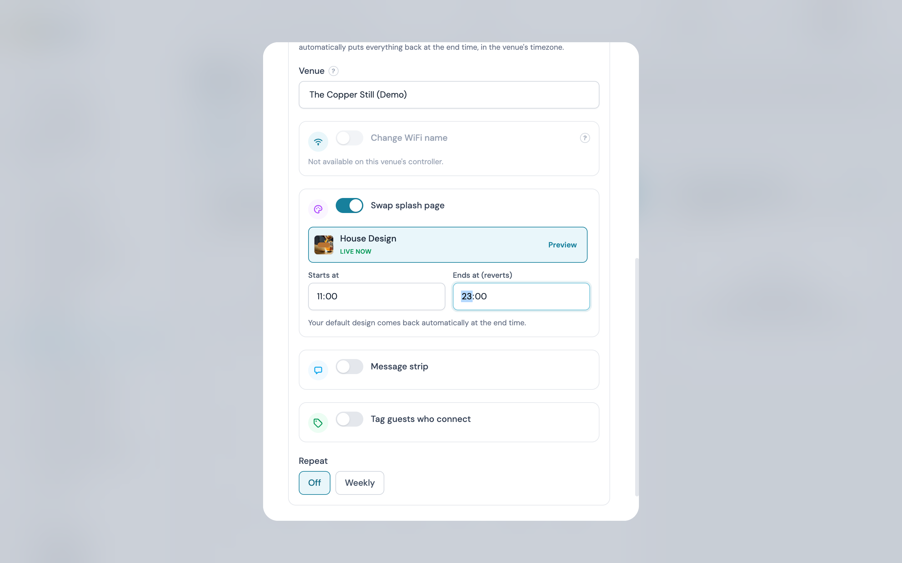 The Swap splash page automation with the House Design selected and an 11:00 to 23:00 window set