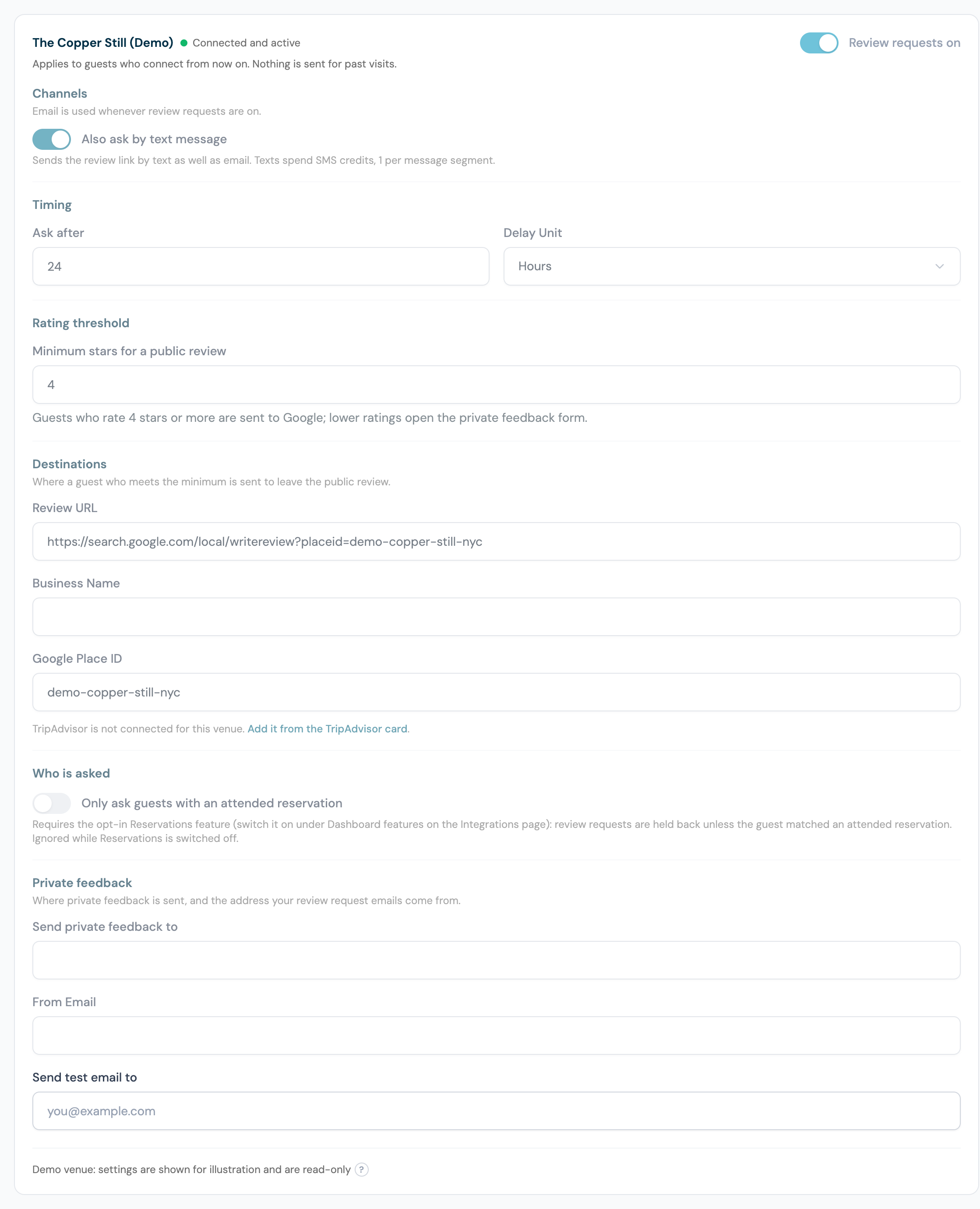 A venue on the Review requests tab, connected and active with Review requests on, Also ask by text message switched on, Ask after set to 24 hours, Minimum stars for a public review set to 4 with the Star rule sentence under it, the Google review URL and Place ID filled in, and the Who is asked and Private feedback sections below
