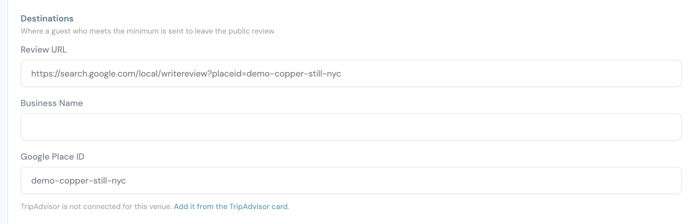 The Destinations section of the Review requests tab with the Review URL and Google Place ID filled in and the note that Tripadvisor is not connected for this venue