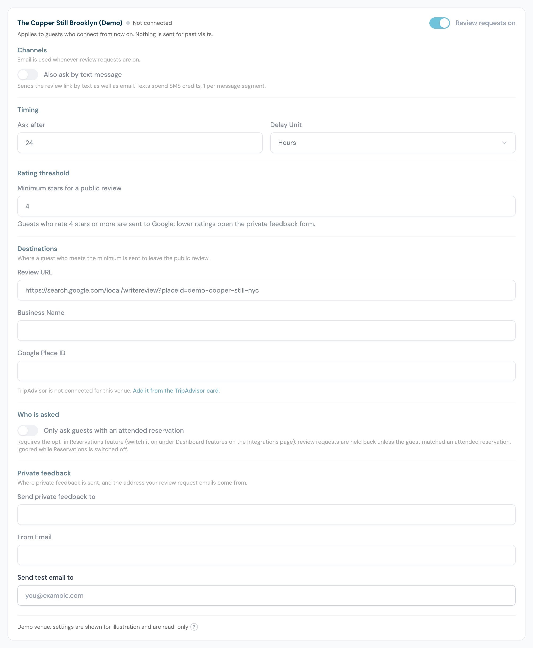 A venue on the Review requests tab that is not yet connected, showing the Channels, Timing, Rating threshold and Destinations sections with the Business Name and Google Place ID fields still empty