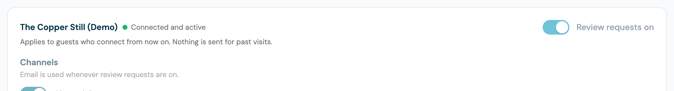 The top of a venue's block on the Review requests tab reading Connected and active with the Review requests on switch turned on