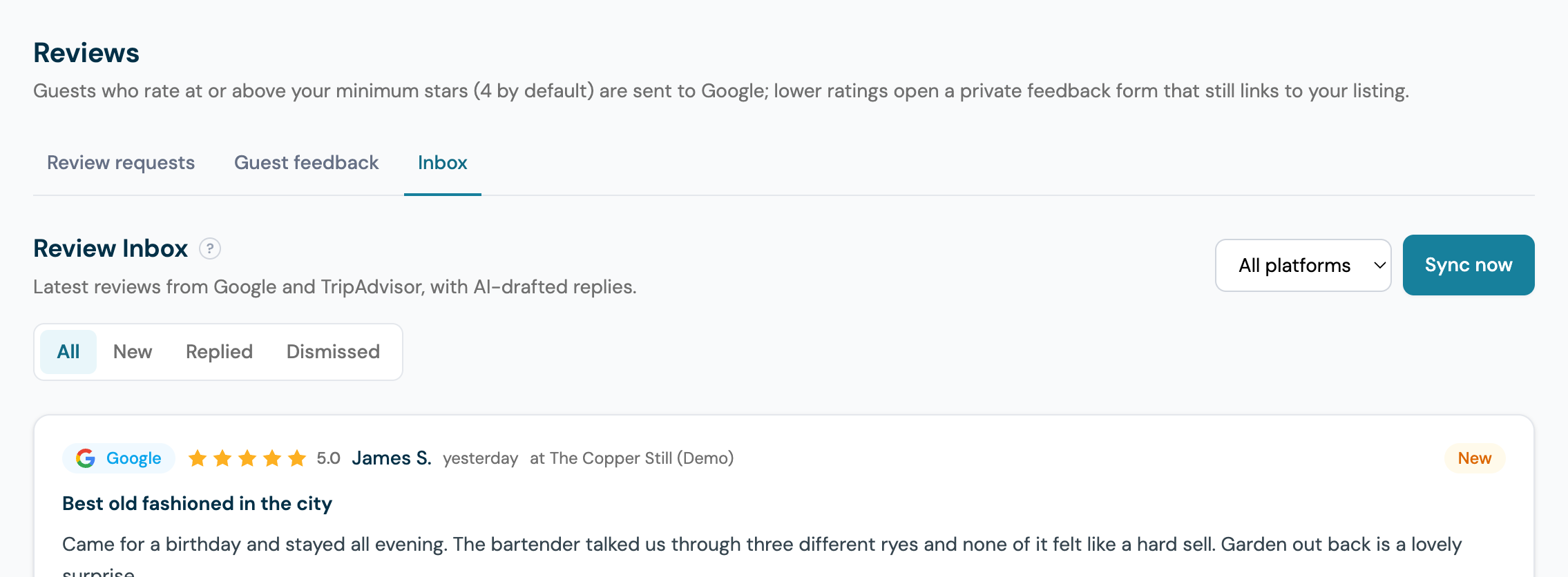 The Reviews page on my.captifi.io with the Review requests, Guest feedback and Inbox tabs, the Inbox tab open showing the Review Inbox with its All, New, Replied and Dismissed filters and a five star Google review