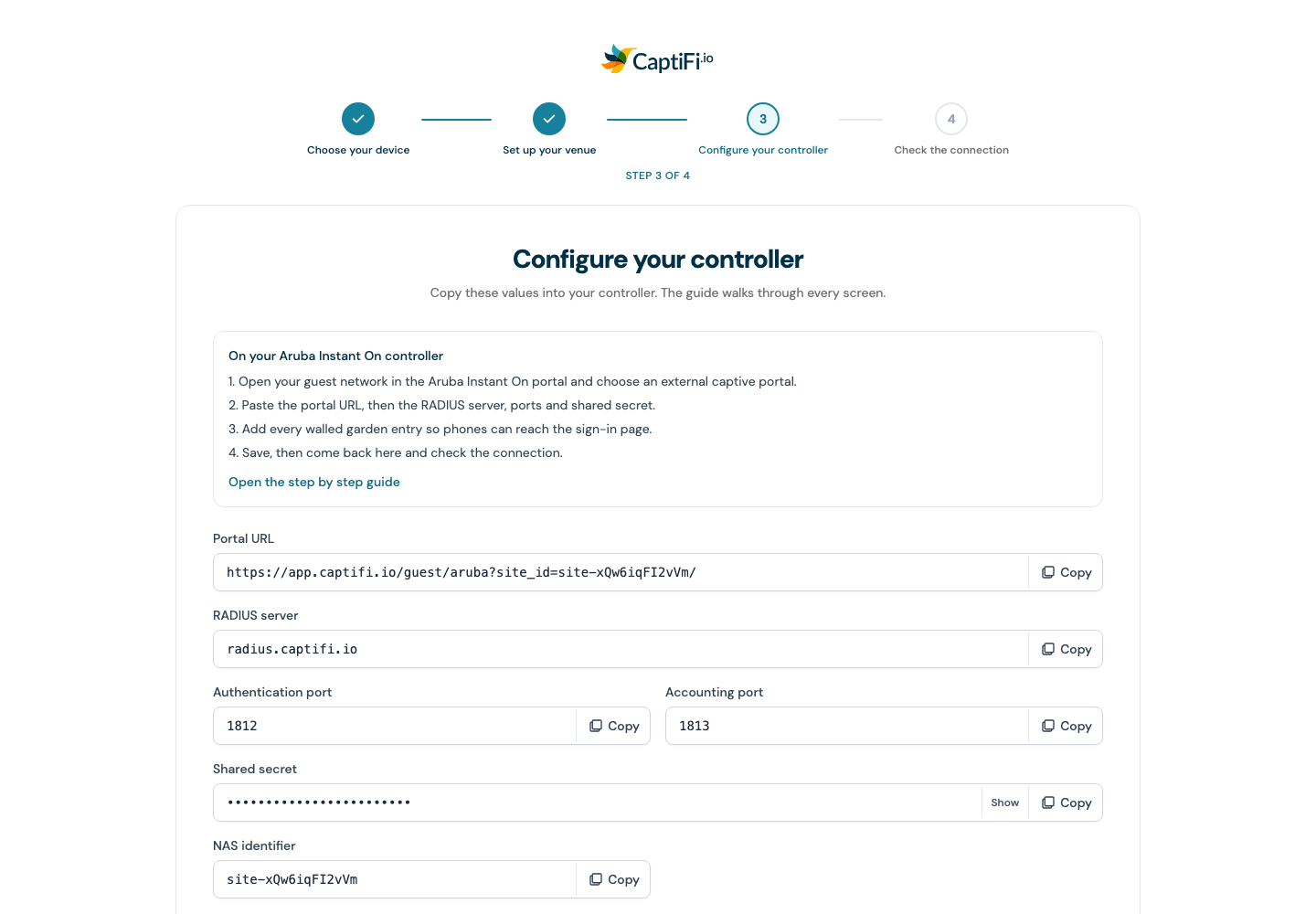 The set-up wizard Configure your controller step for Aruba Instant On, listing the portal URL, RADIUS server, shared secret and NAS identifier with copy buttons
