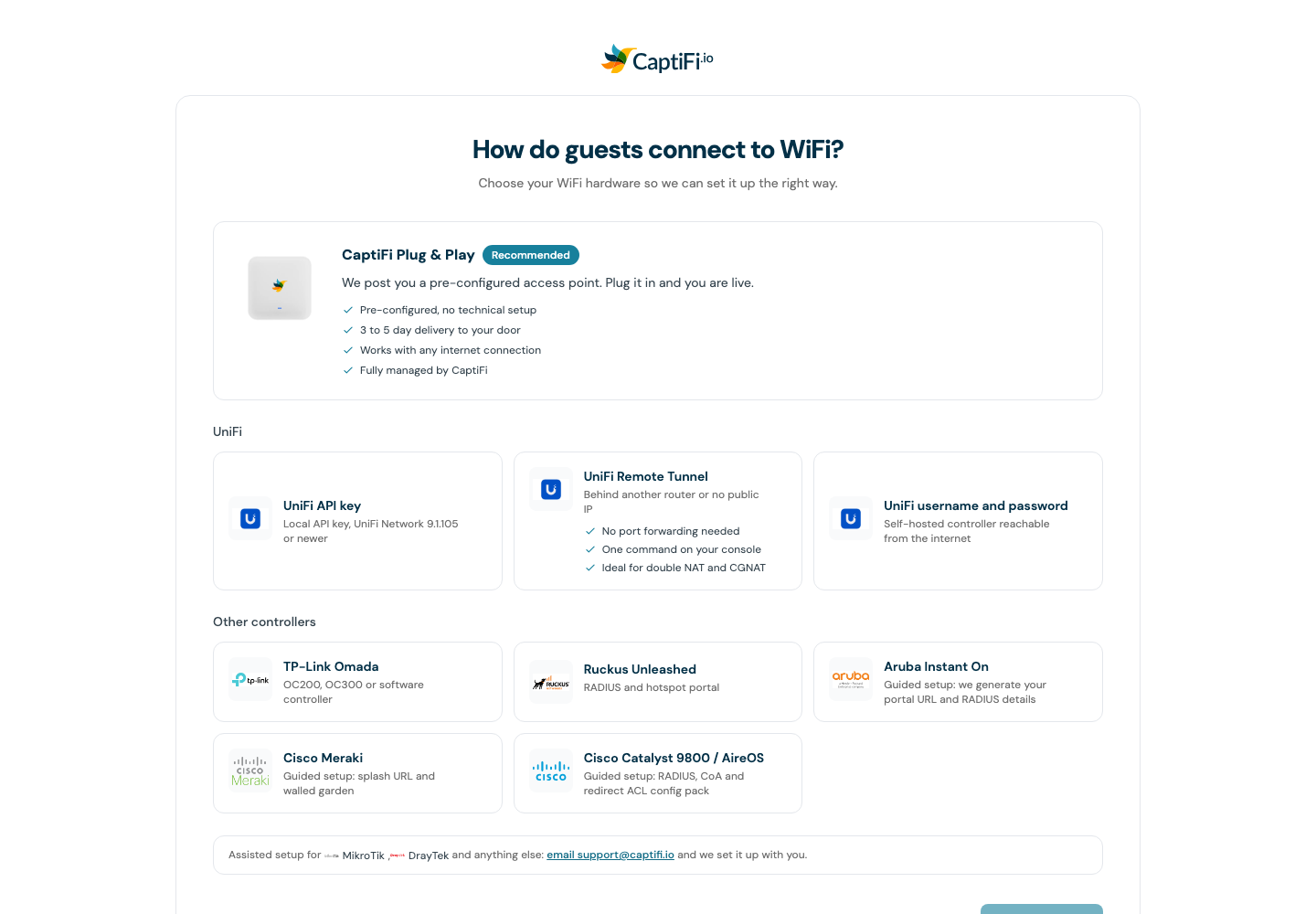 The set-up wizard asking how guests connect to WiFi, with the CaptiFi Plug and Play card, three UniFi cards and the other controller cards