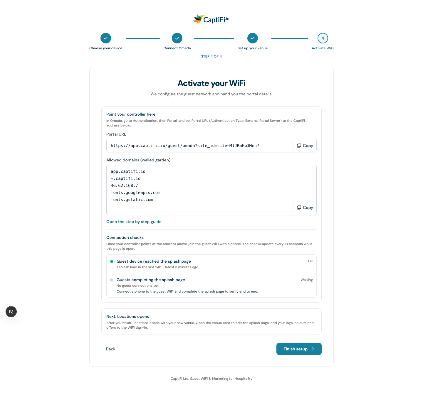Connection checks under the portal URL on the Activate your WiFi step