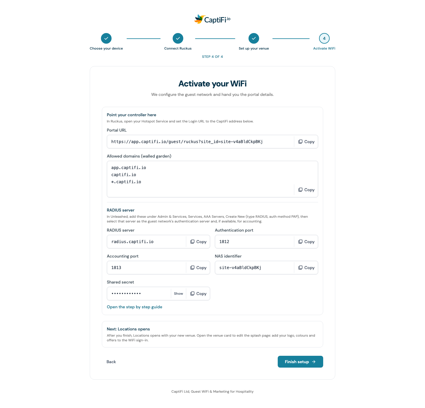 The set-up wizard Activate your WiFi step for Ruckus Unleashed showing the portal URL and the RADIUS server block, each value with a Copy button and the shared secret masked