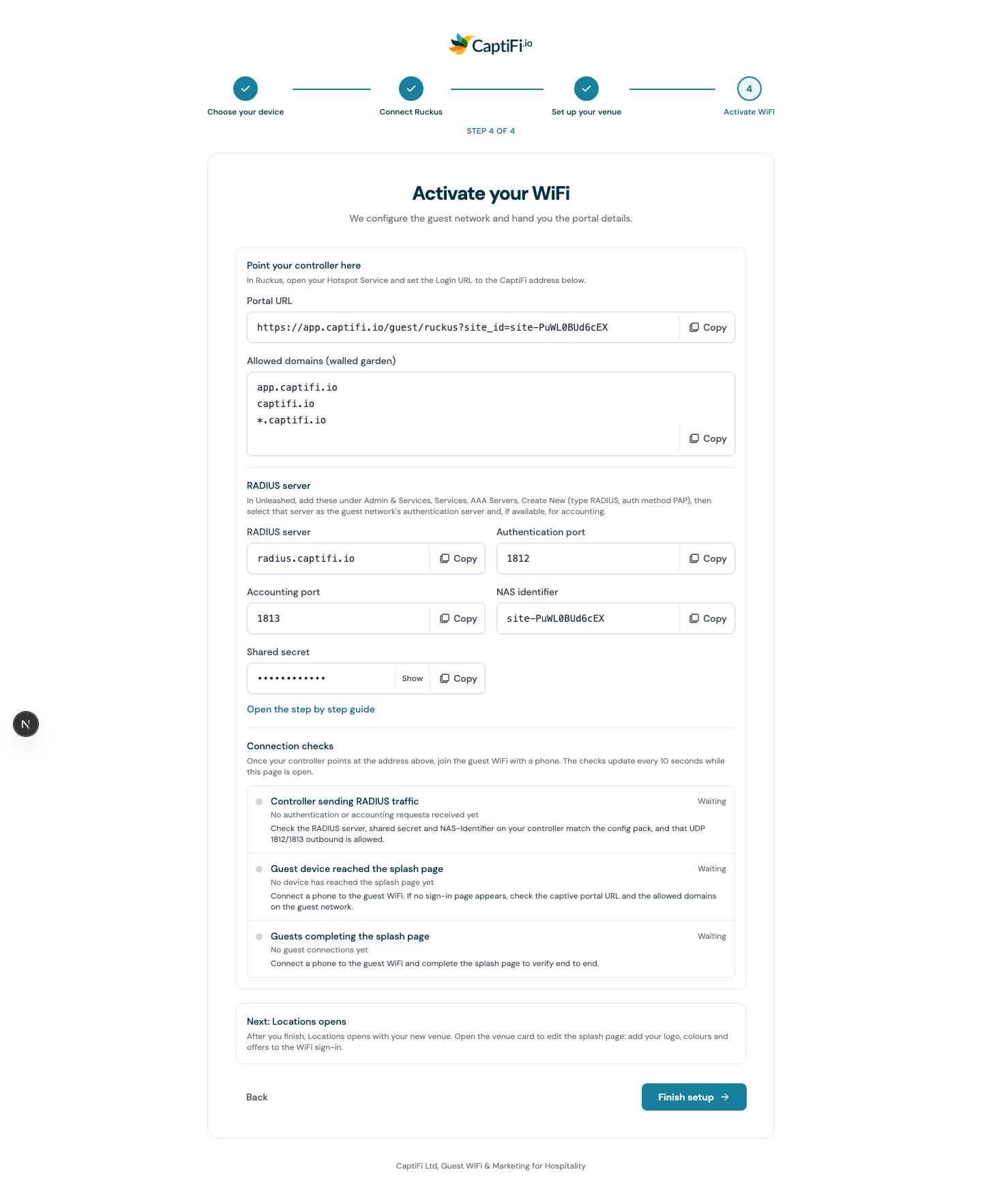 Connection checks under the portal URL on the Activate your WiFi step