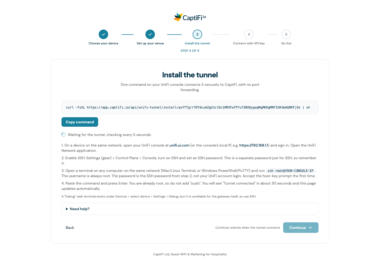 The set-up wizard tunnel step showing the one-line install command with a Copy command button and the waiting status
