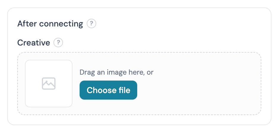 The After connecting card in the Promotions section of the splash page builder, with the Creative uploader reading Drag an image here, or Choose file